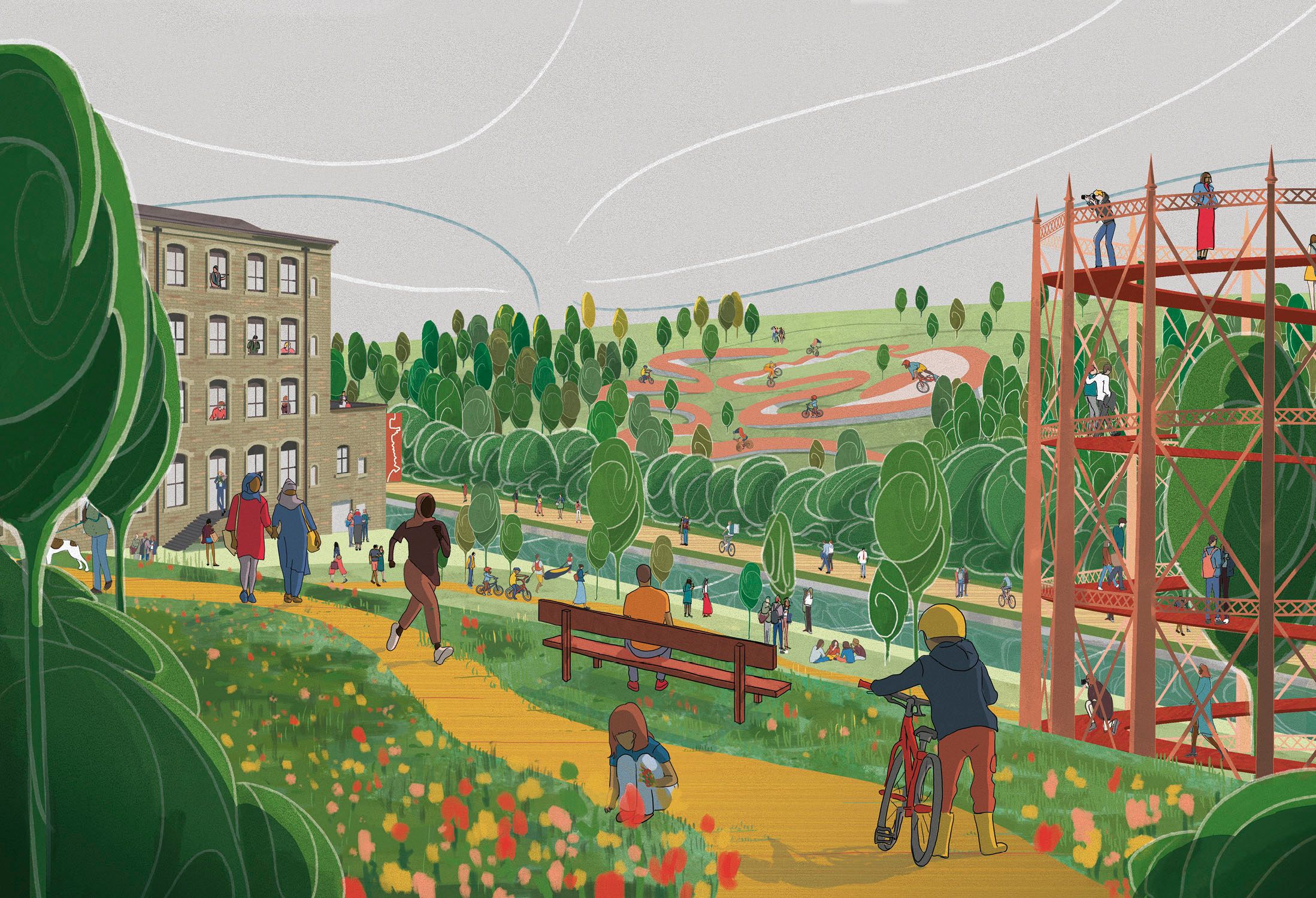 A path and green space populated with people overlooking a canal.