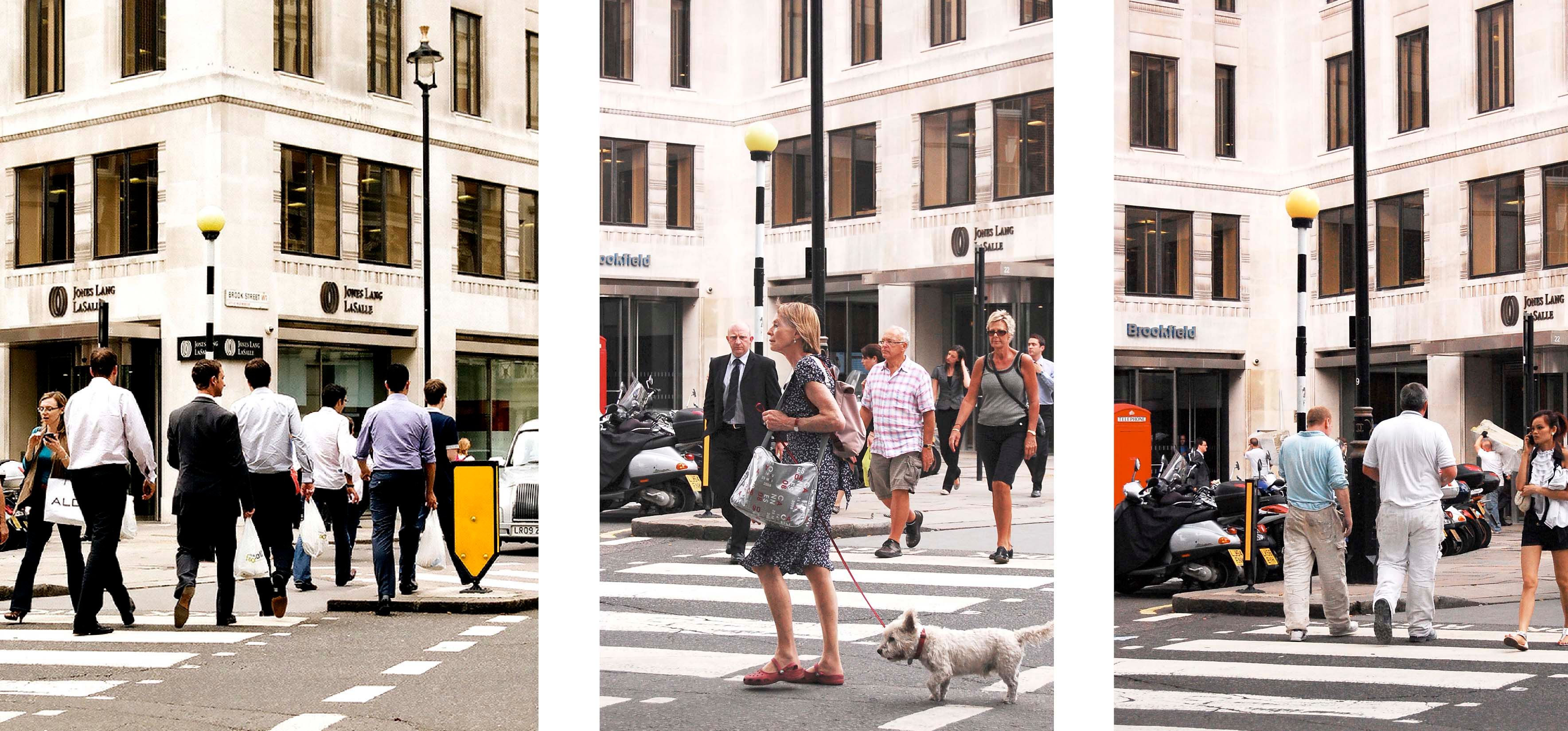 A series of three photographs taken at a pedestrian crossing showing pedestrians crossing the street.