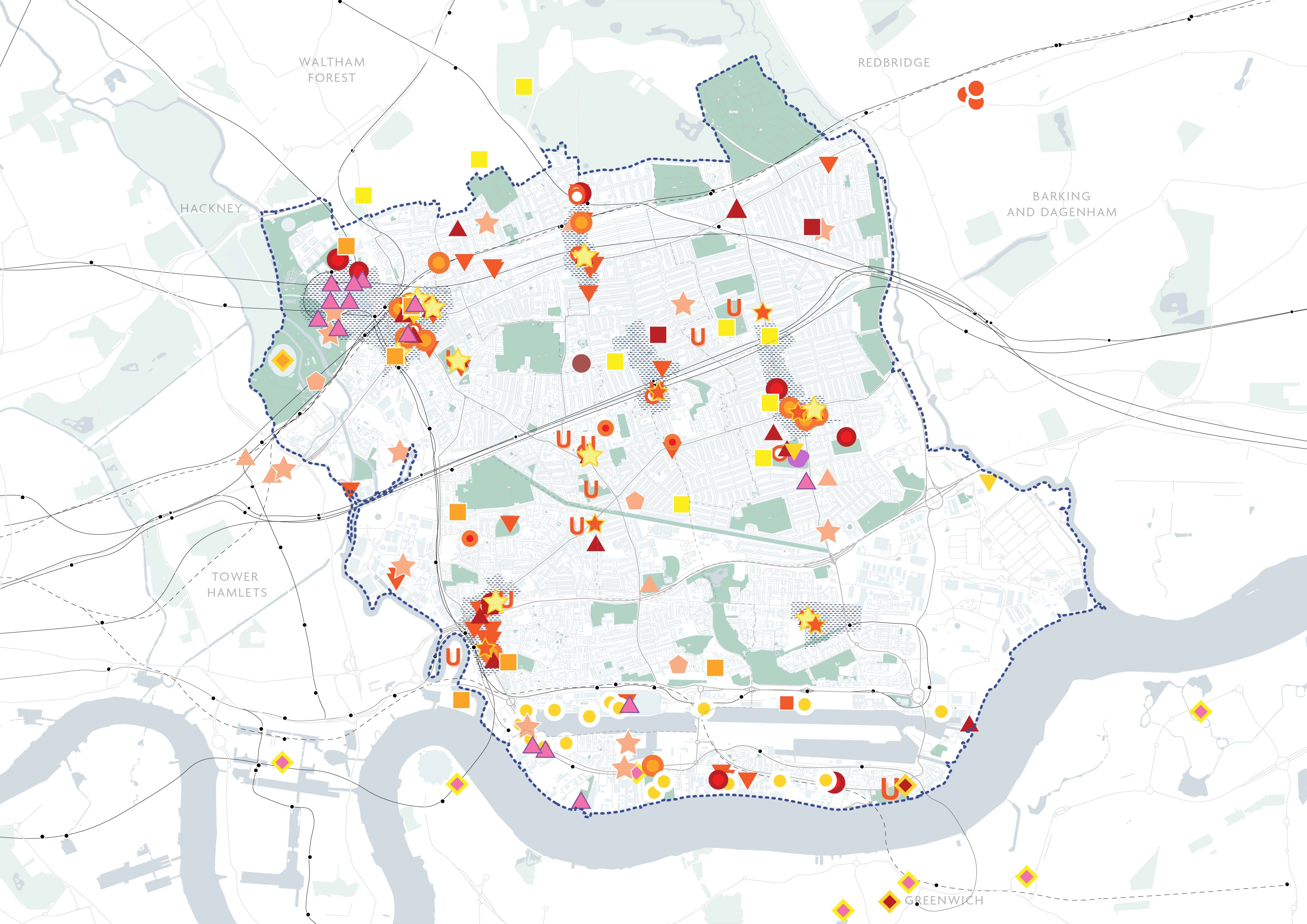 A map of Newham with events and green spaces mapped and depicted.
