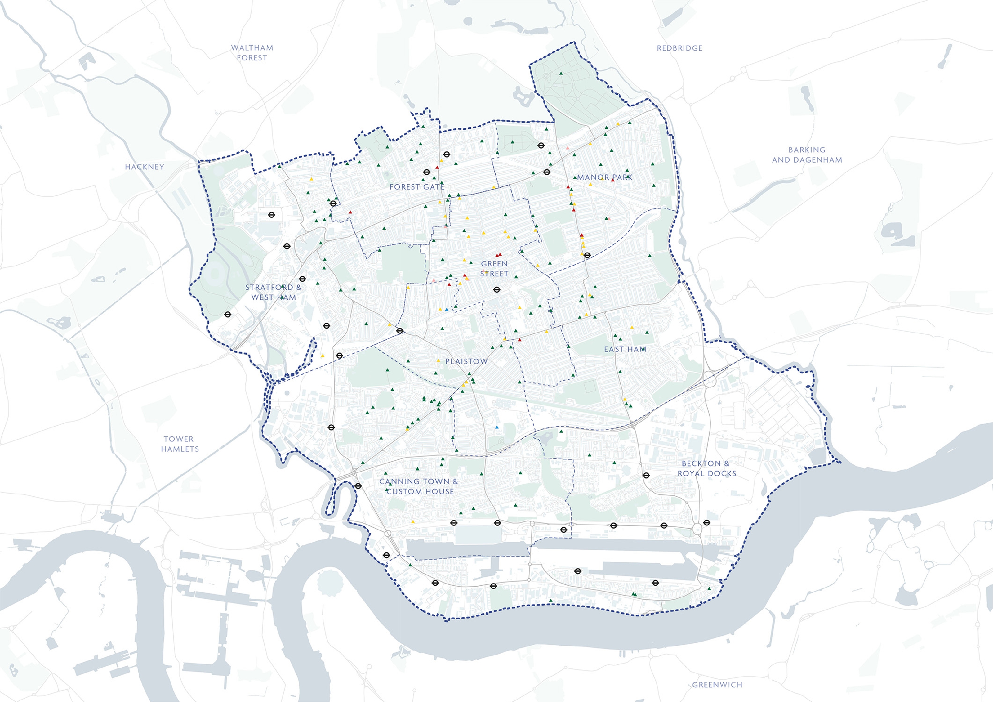A map of Newham with religious spaces mapped and depicted.