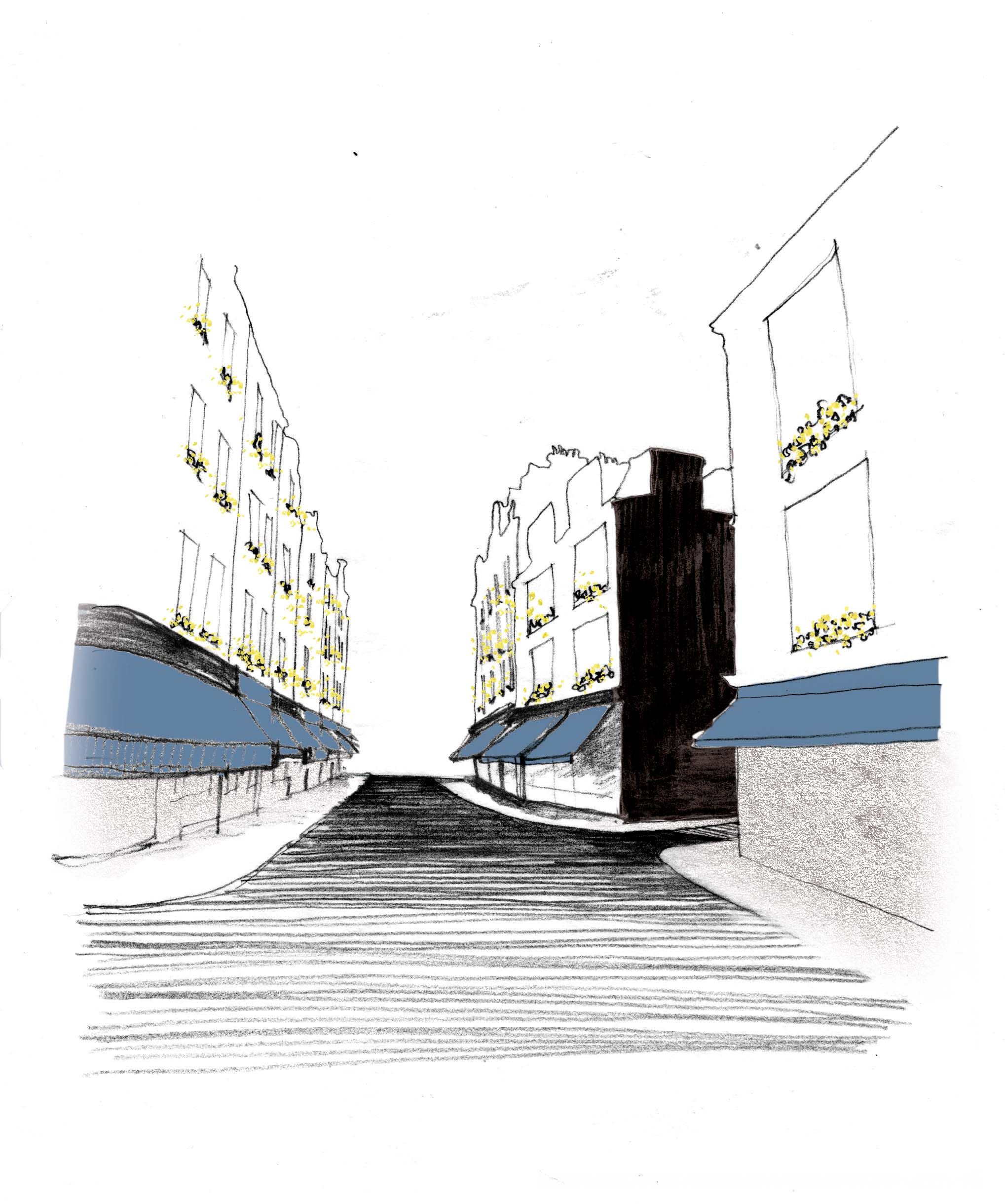 Sketch diagram of Marylebone lane showing shop fronts with canopies and plants in the windows above.