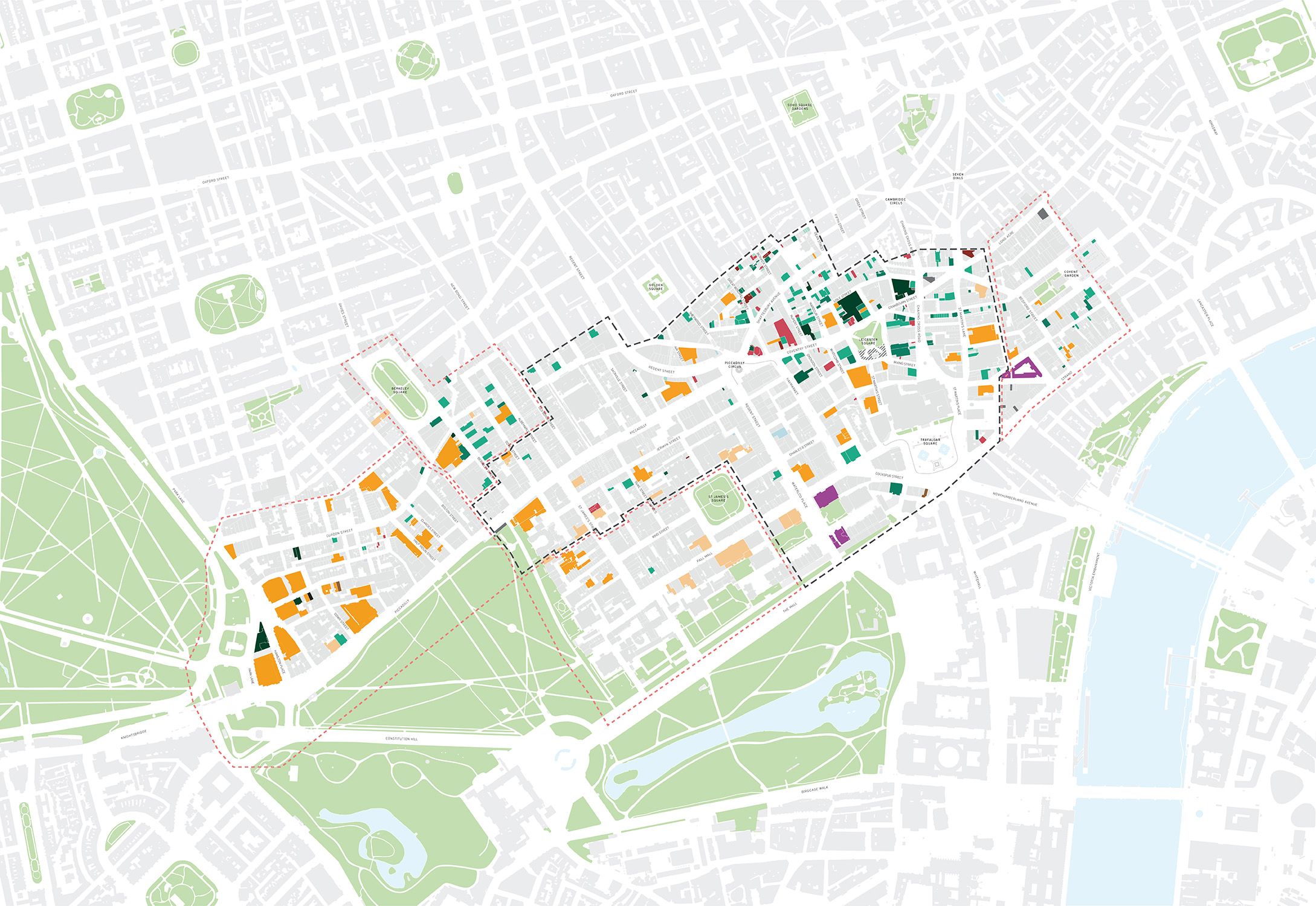 Map of the Heart of London area with land uses colour-coded to show only the businesses that remain open on a Saturday from 11pm to 3am Sunday.