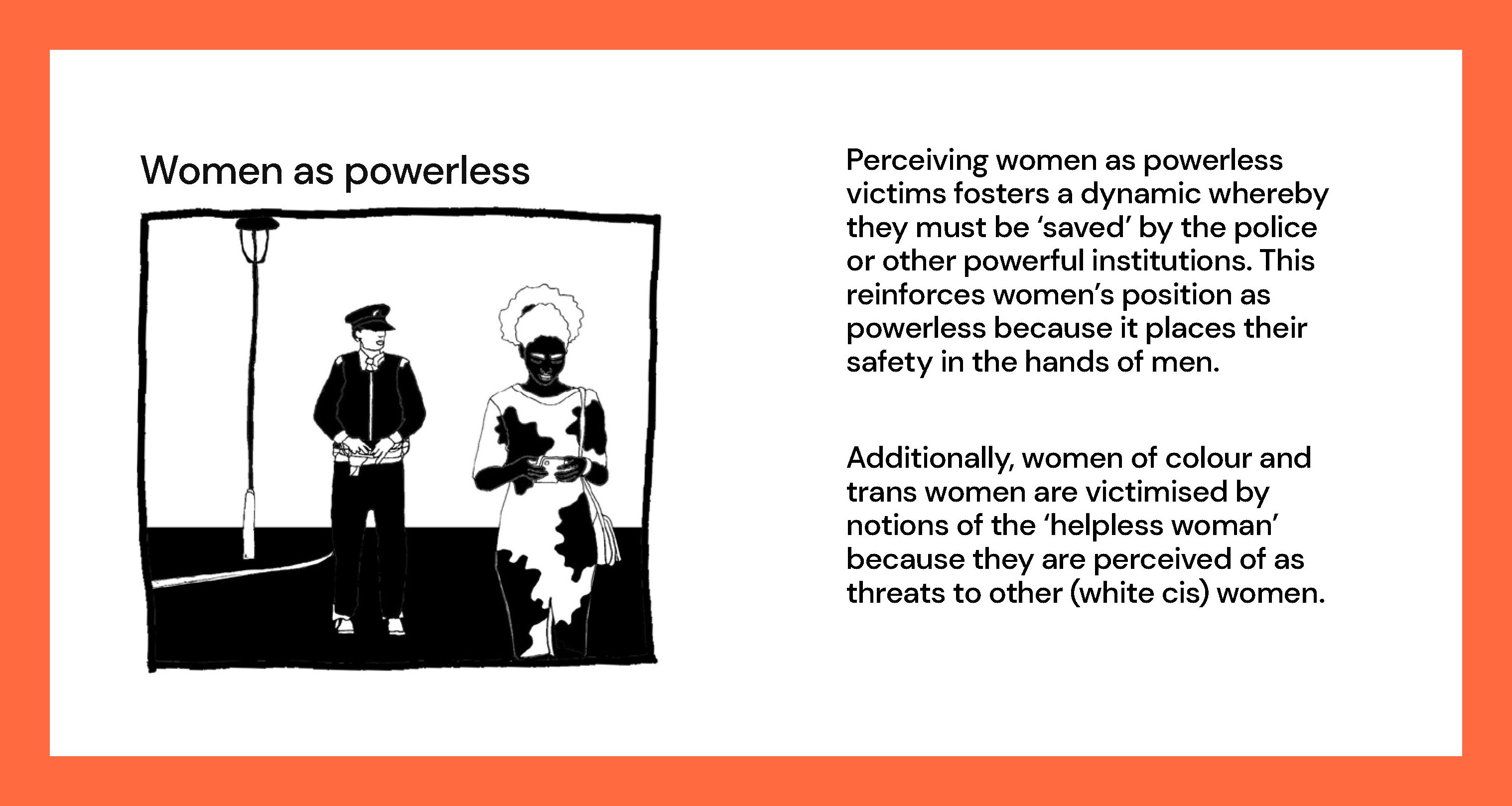 Illustration of a police man and a woman with some writing titled Women as powerless.