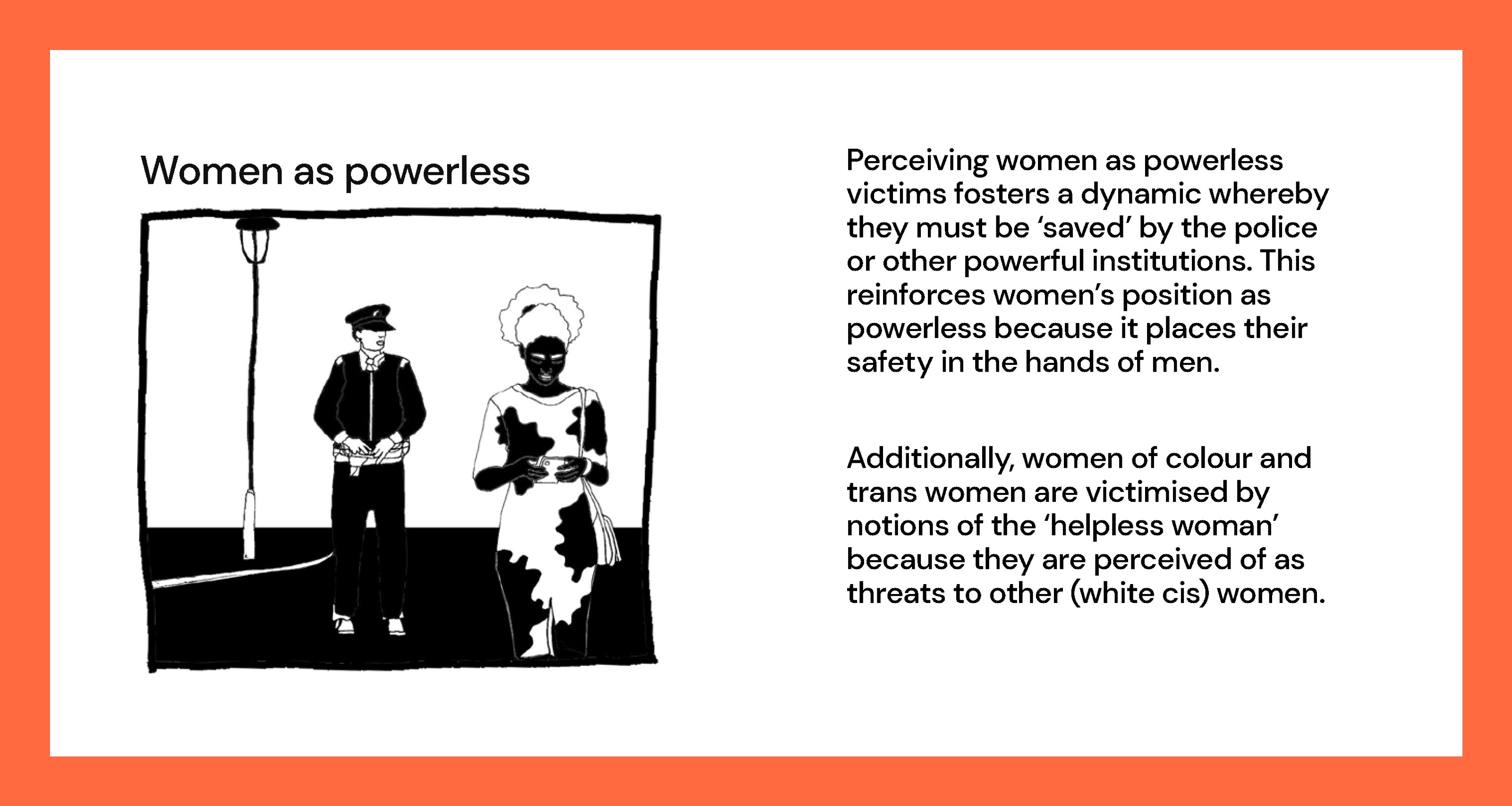 Illustration of a police man and a woman with some writing titled Women as powerless.