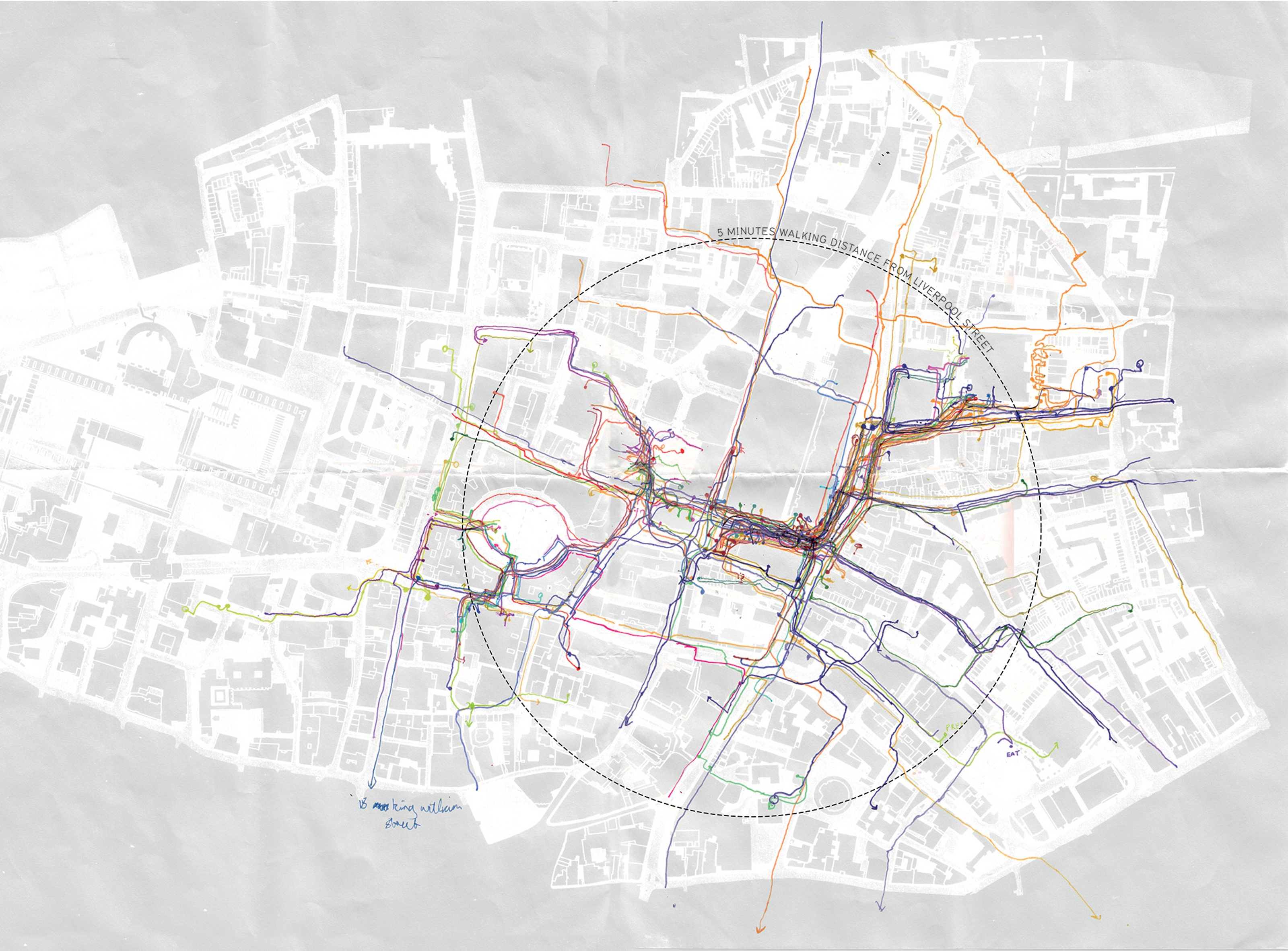 A plan view map of pedestrian routes in Liverpool Street area