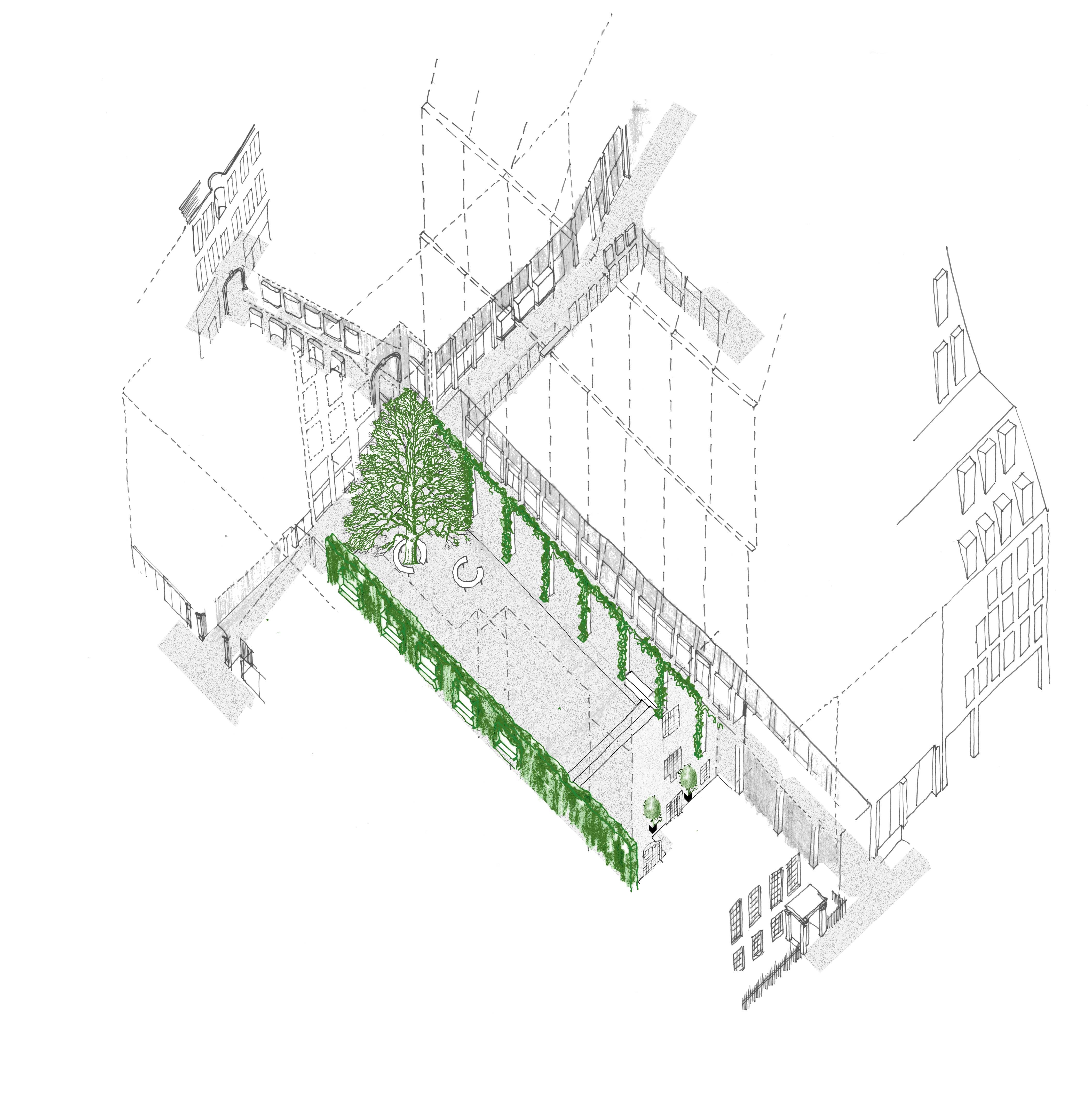 A hand drawn axonometric diagram showing in green the  additional planting proposed for an enhanced public space. 