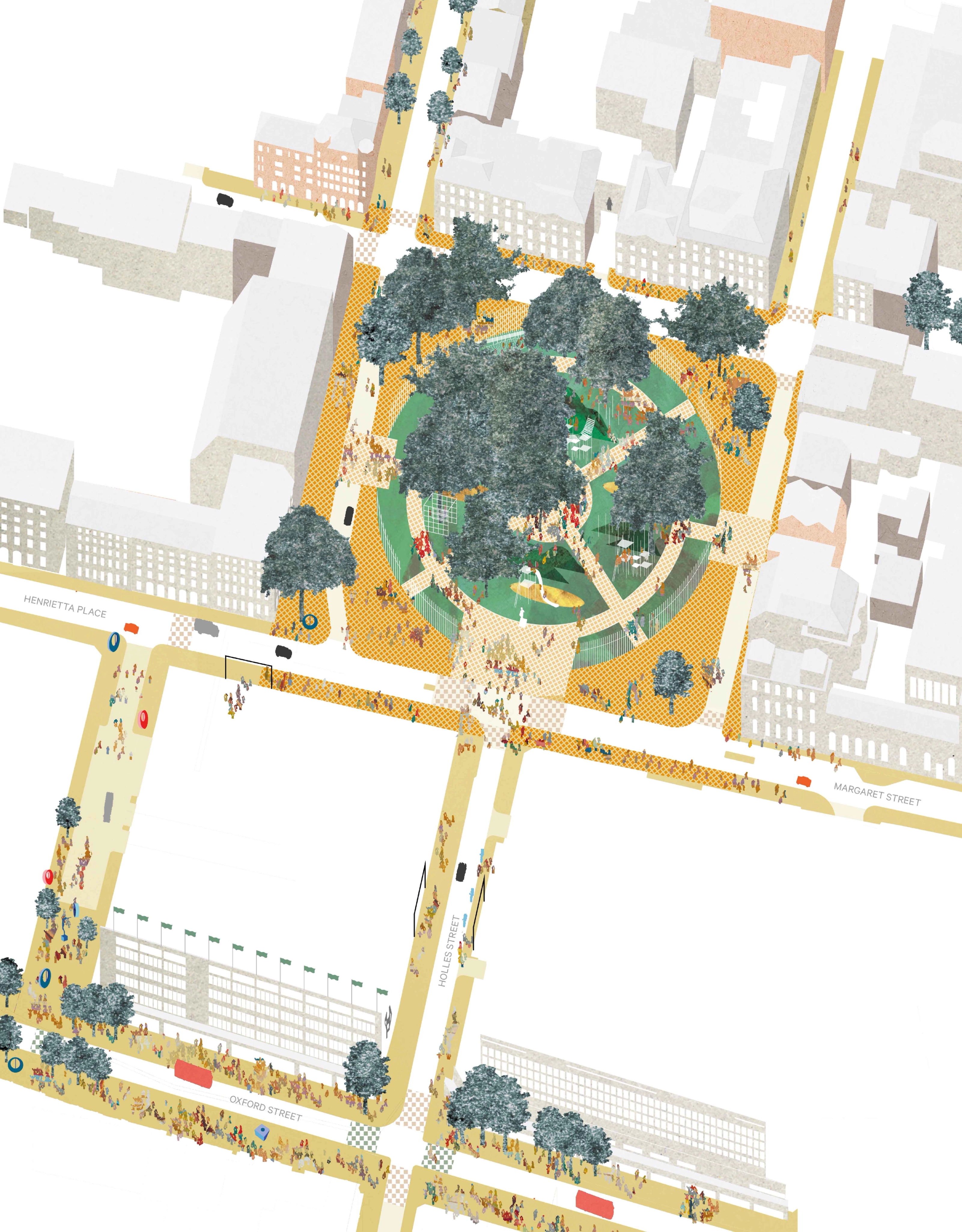 Illustrated plan of the Oxford Street District centred on a garden square with streets and public spaces drawn in yellow for emphasis and the façades of buildings visible.