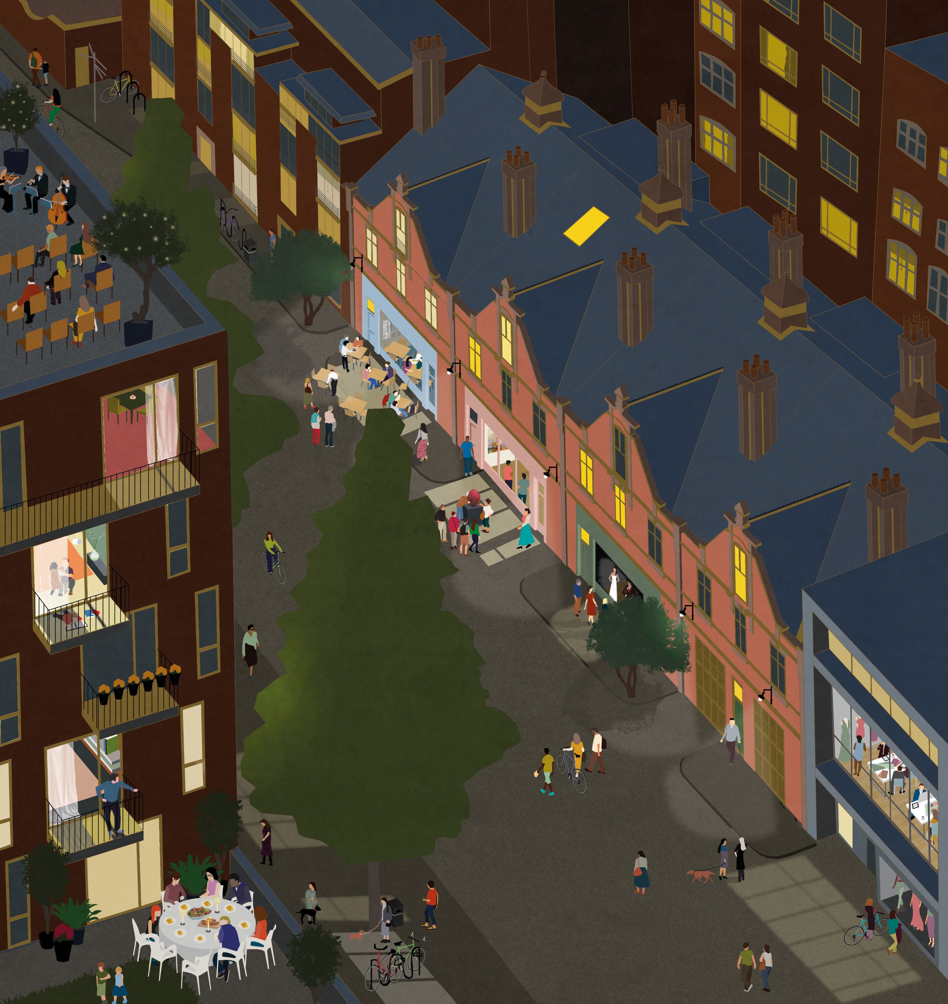 An illustration of a street after dark showing extensive street activities.