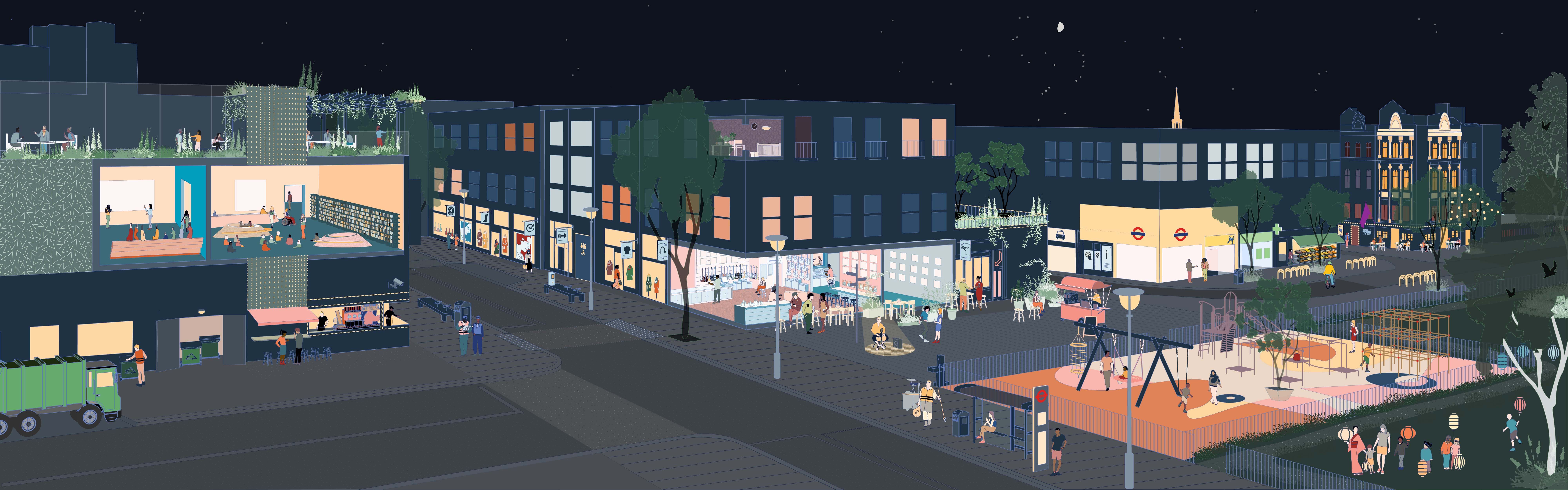 An illustrated view of a London block at night with a playground, Underground station and activity in buildings on ground floors and upper levels.