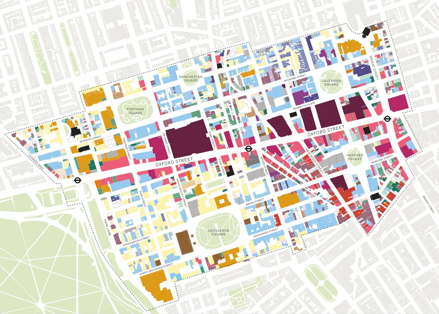Plan view map of colour-coded land uses in the Oxford Street District.