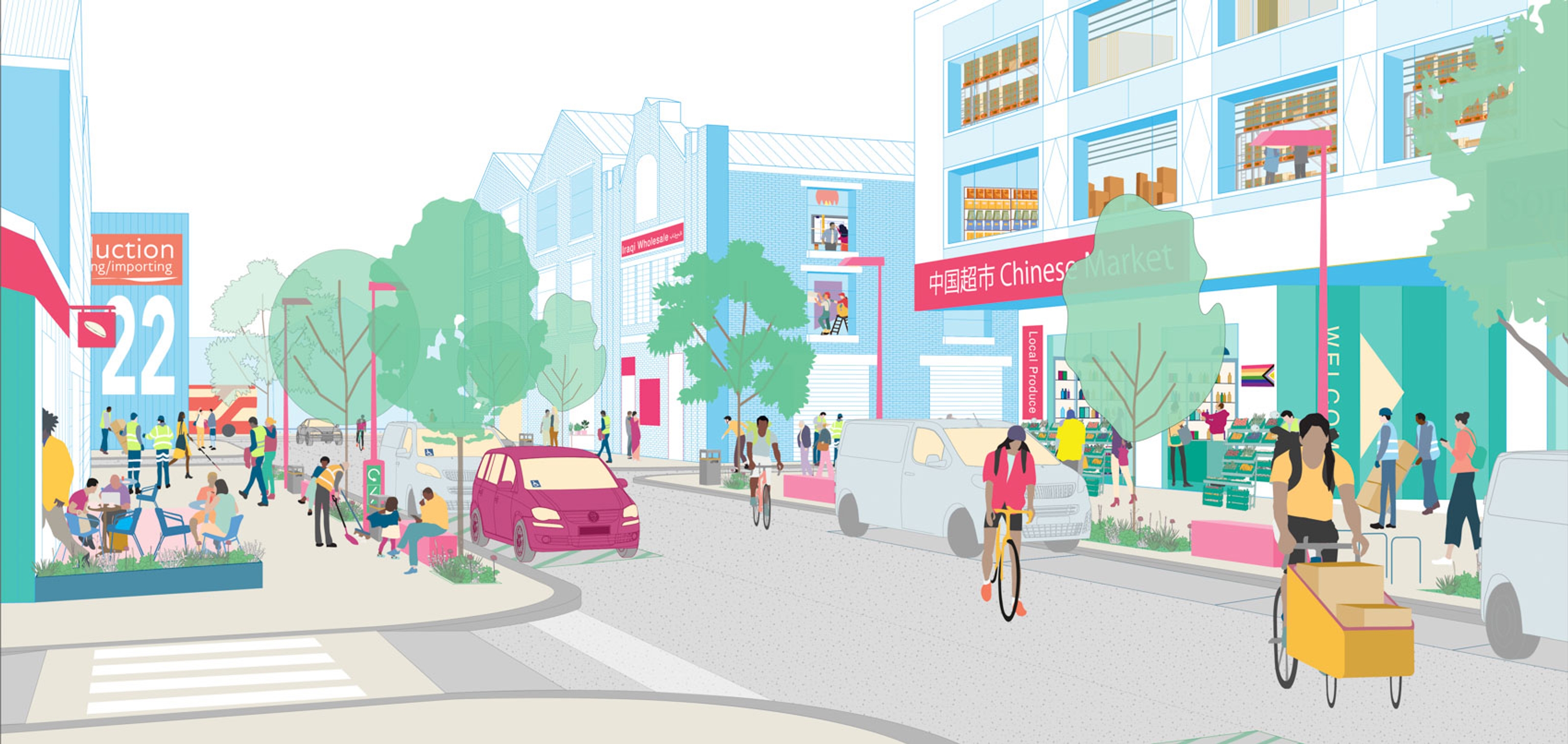 An illustrated view of a street with active ground floor uses, cyclists, parked cars and people walking and sitting.