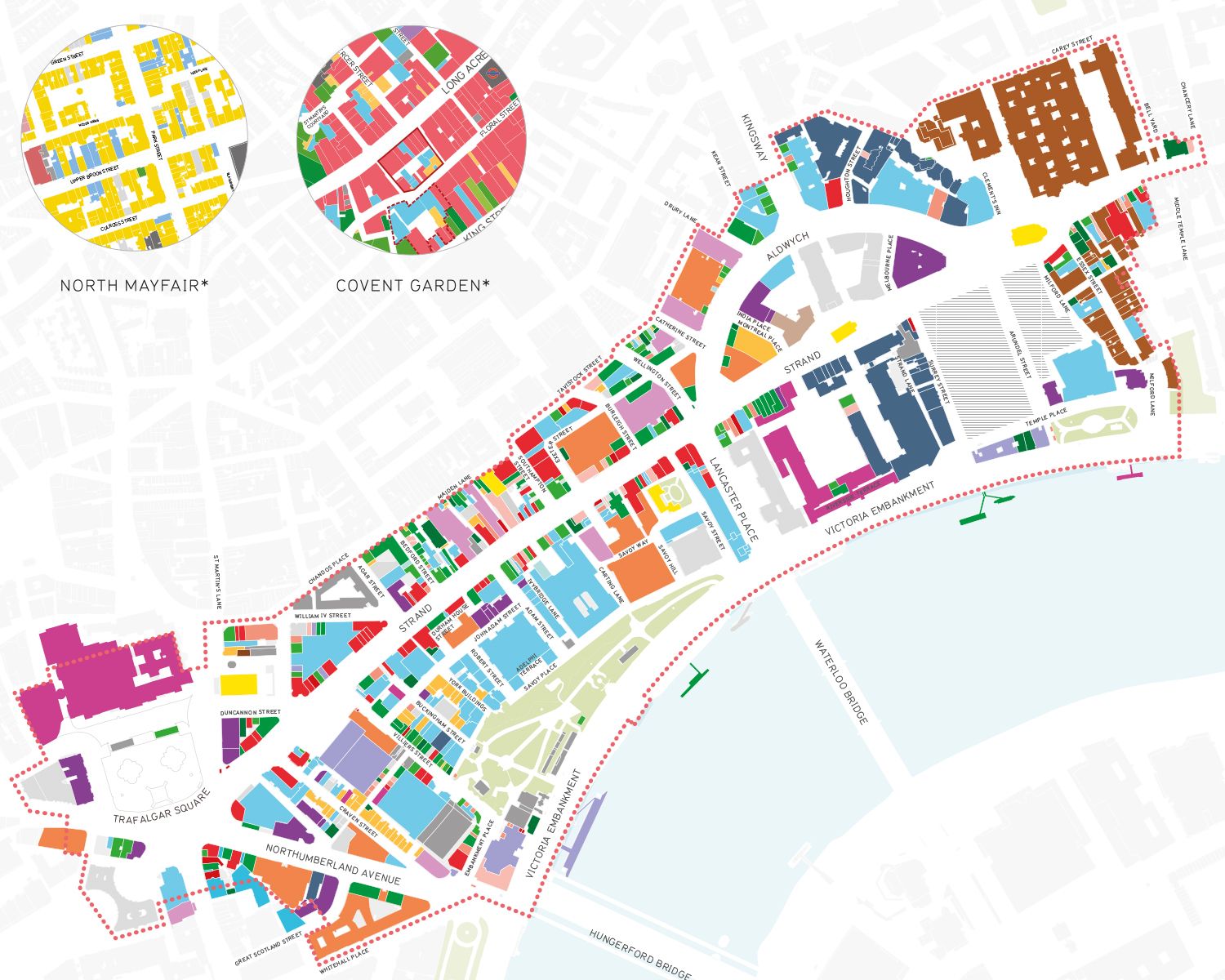 A plan view map of colour-coded ground floor land uses.