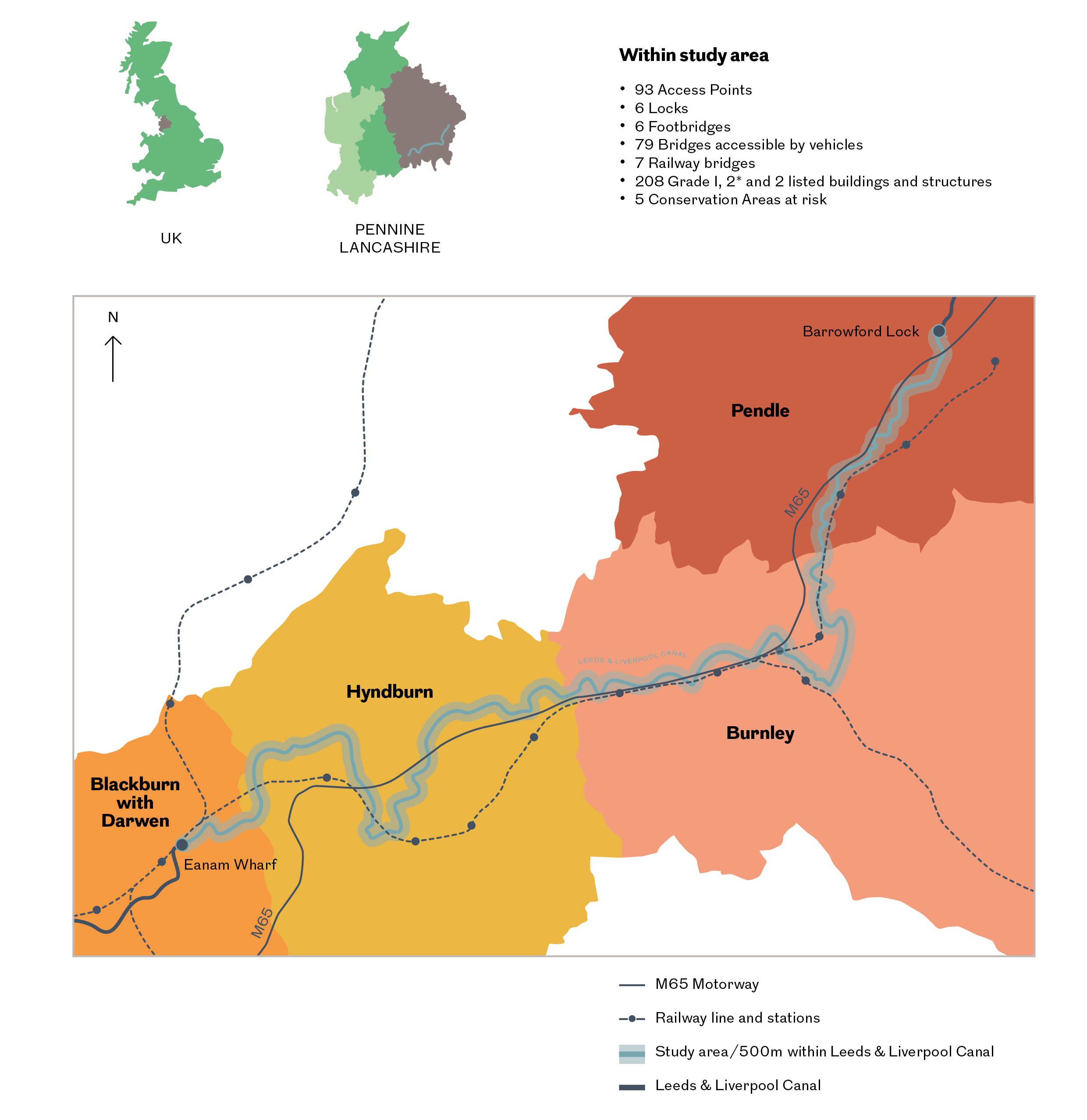 A map of the four local authorities along the Pennine Lancashire stretch of the Leeds - Liverpool Canal. 