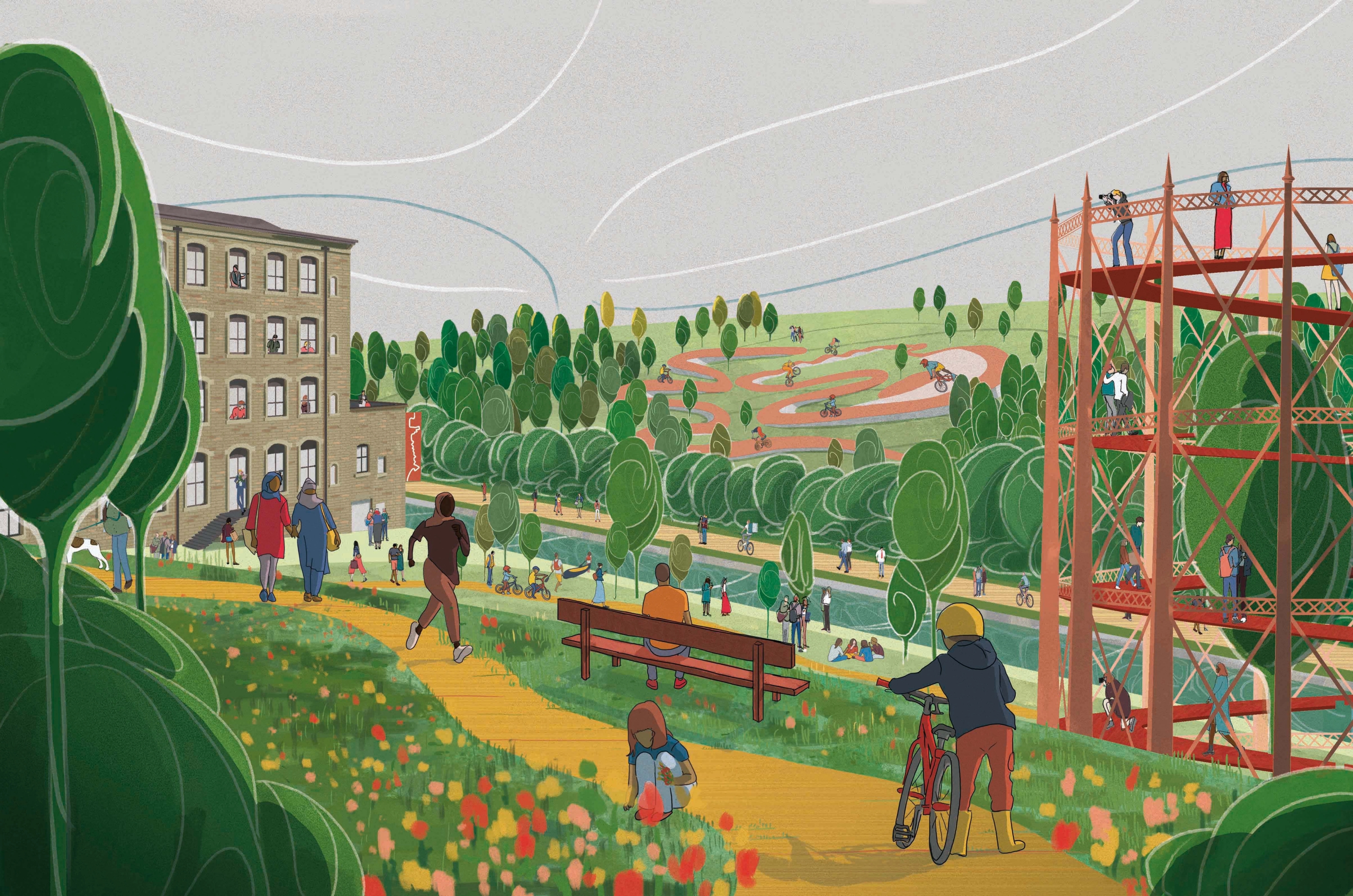A red gasholder overlooks a path and green space above a canal.