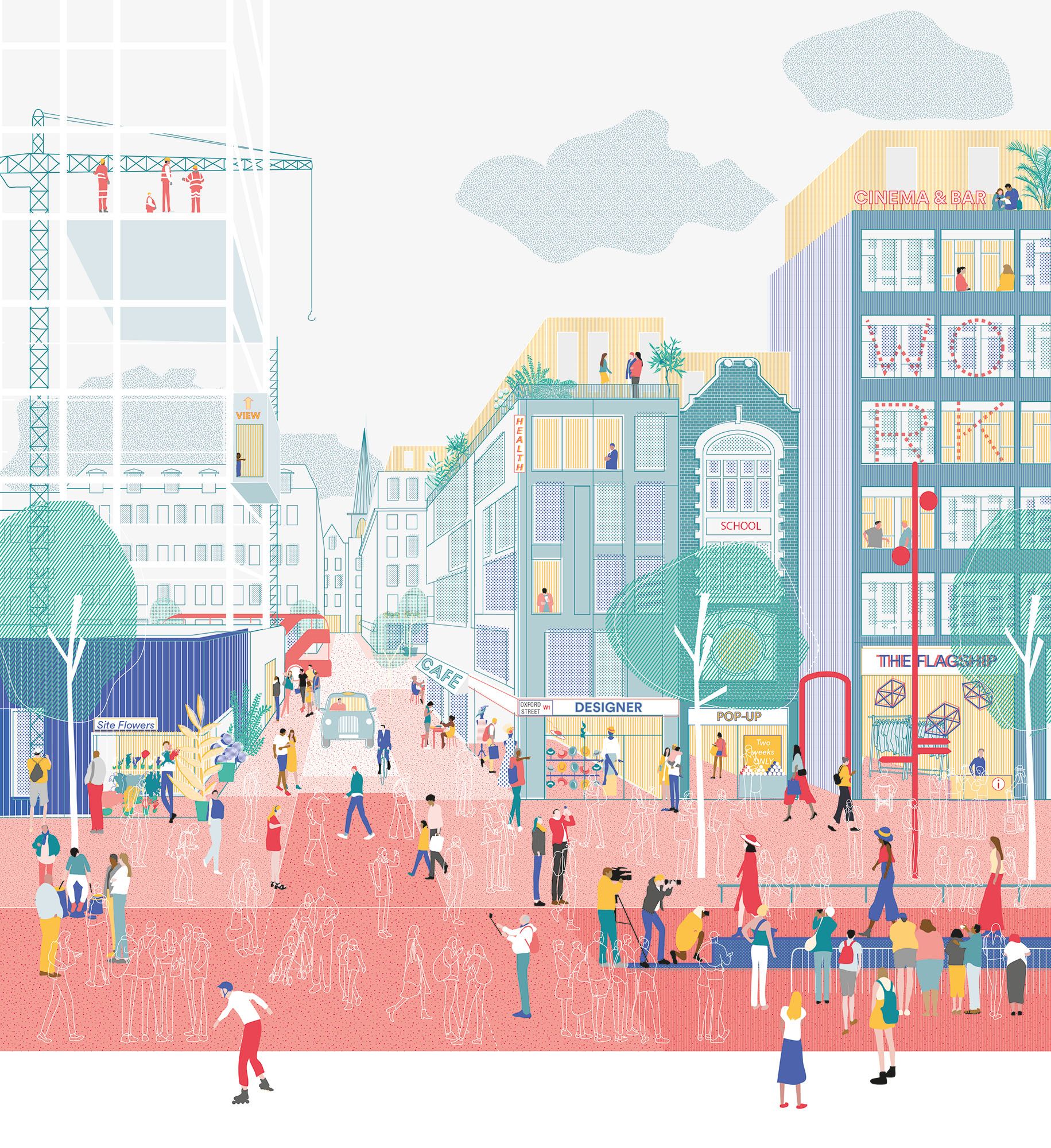 An illustrated view of a side street in the Oxford Street District with a runway event and pedestrians walking past shops and a construction site.