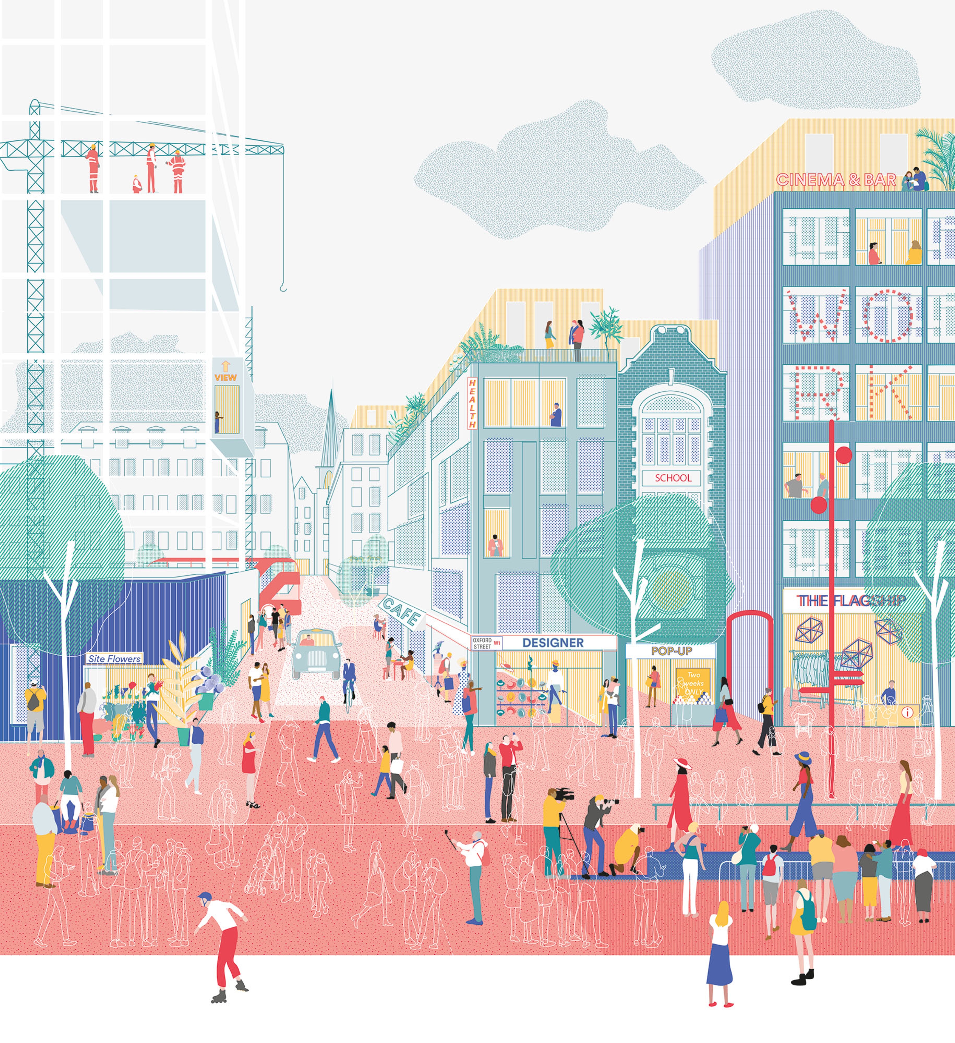 An illustrated view of a side street in the Oxford Street District with a runway event and pedestrians walking past shops and a construction site.