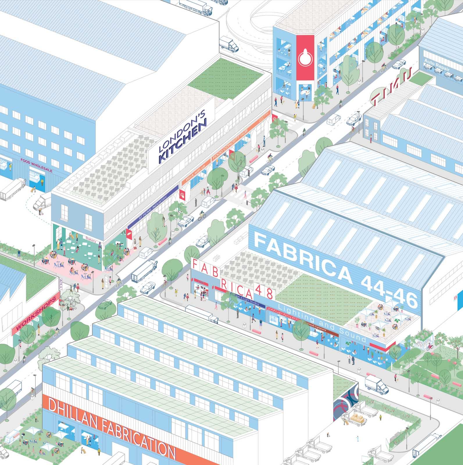 An axonometric illusration of a mix of industrial buildings.