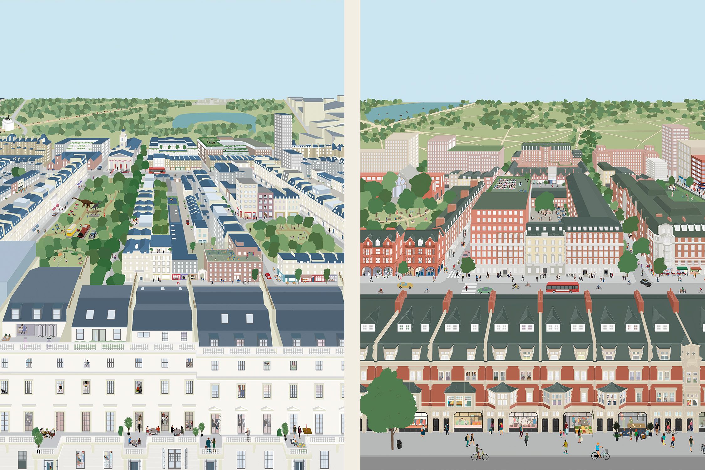 Two side-by-side illustrations of blocks in Mayfair and Belgravia.