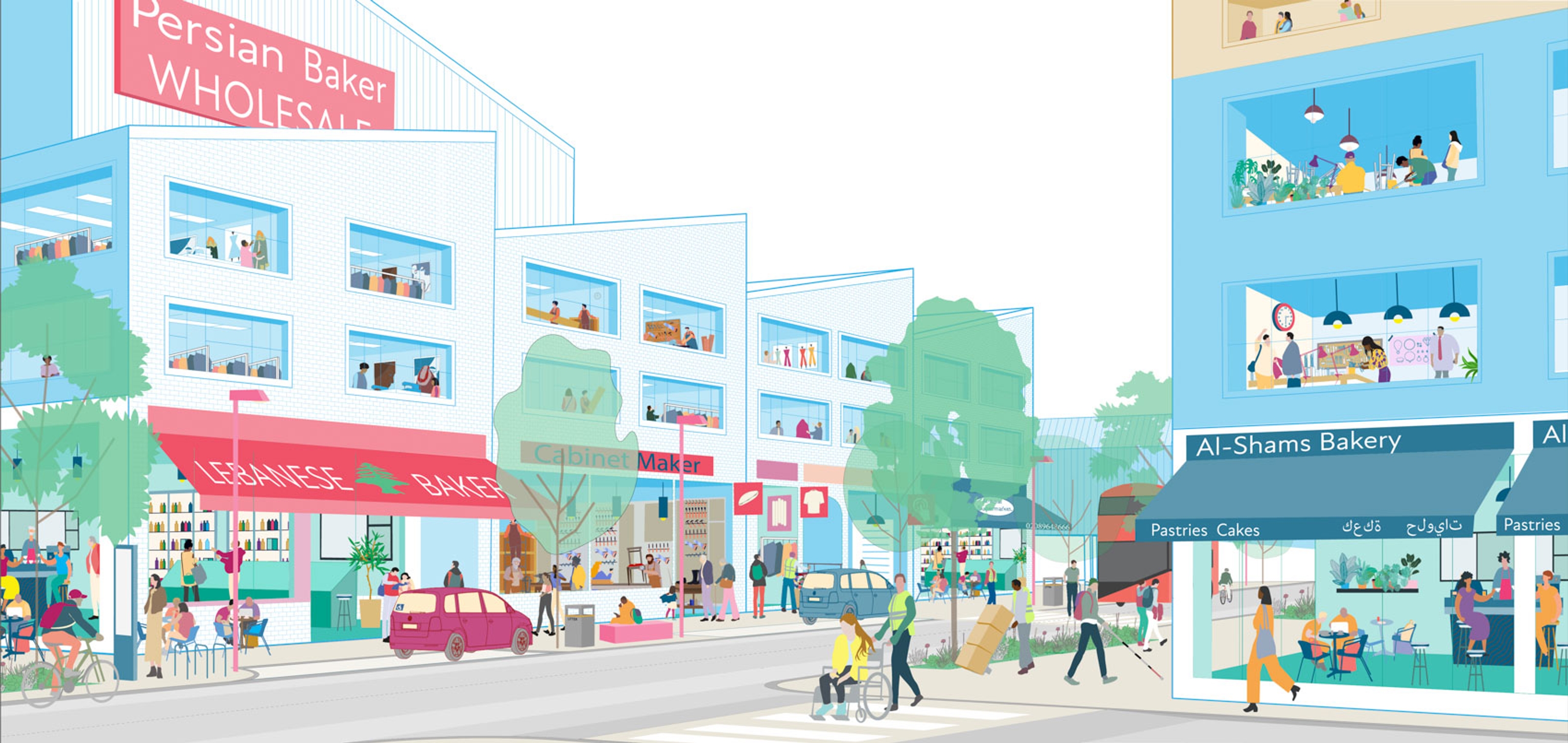 An illustrated view of a street corner with active ground floor uses including bakeries.