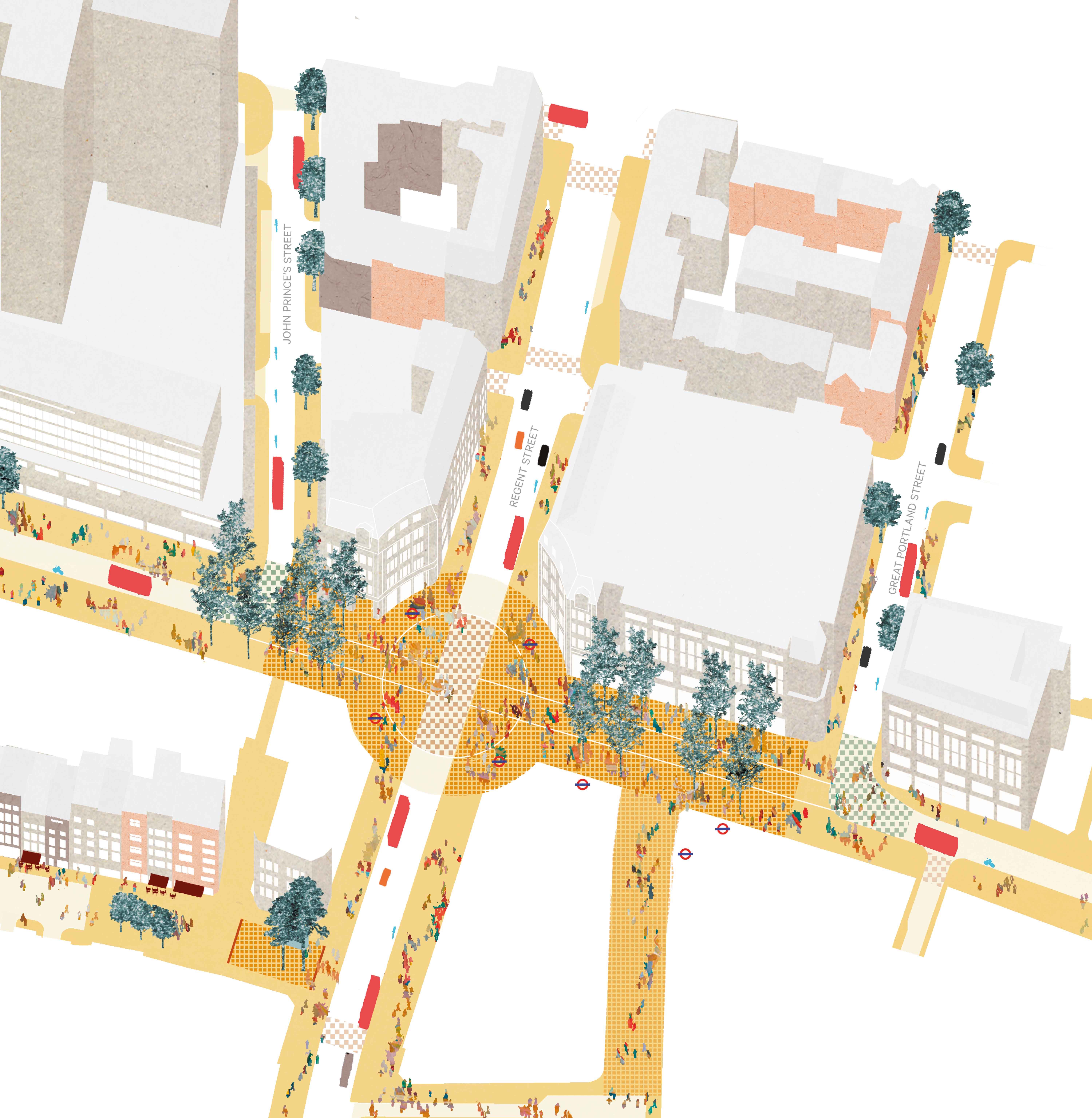 Illustrated plan of the Oxford Circus with streets and public spaces drawn in yellow for emphasis and the façades of buildings visible.