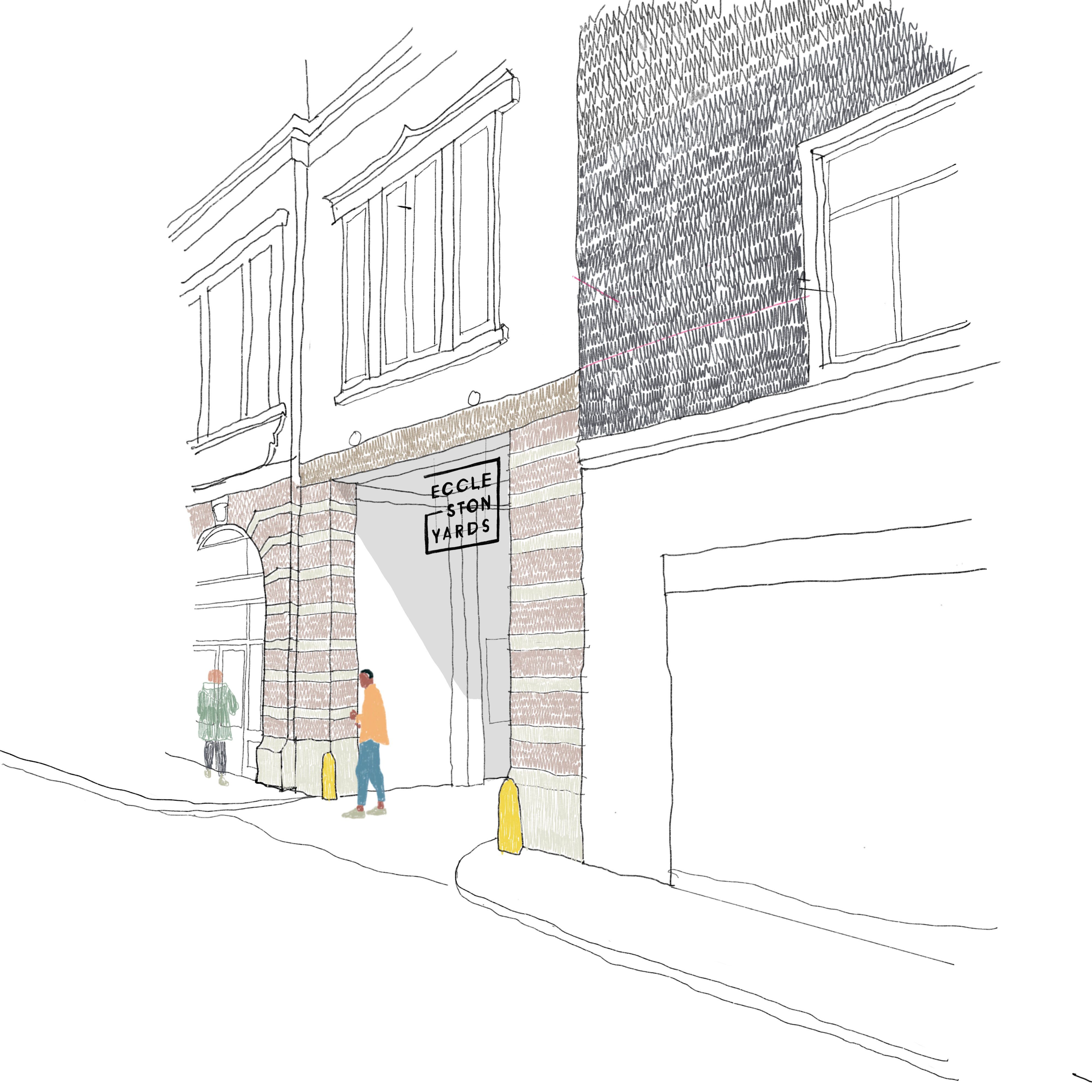 A sketched proposed view of the entrance to Eccleston Yards with a large sign hanging above the entrance to the courtyard.