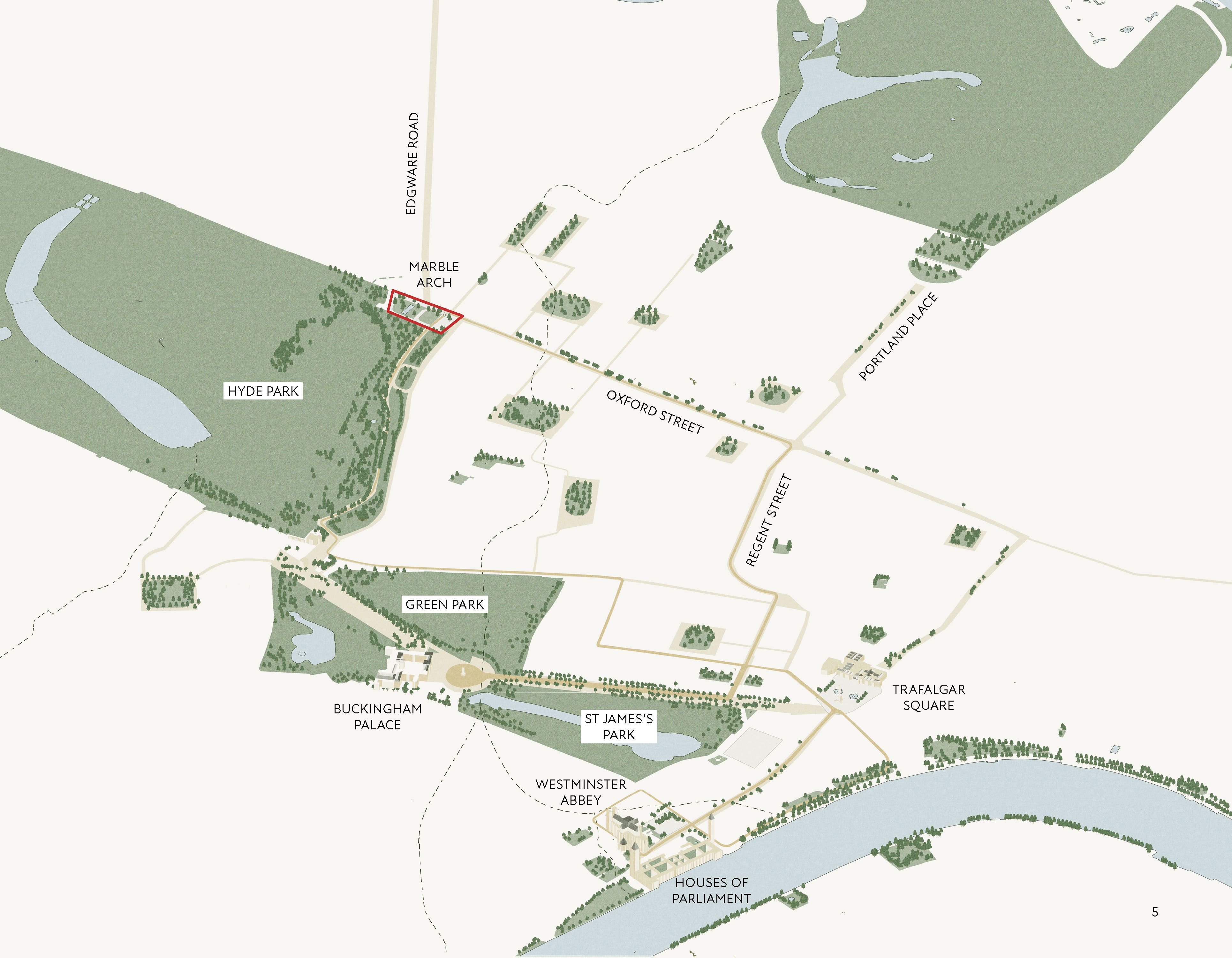 A map of green spaces on London's West End. 