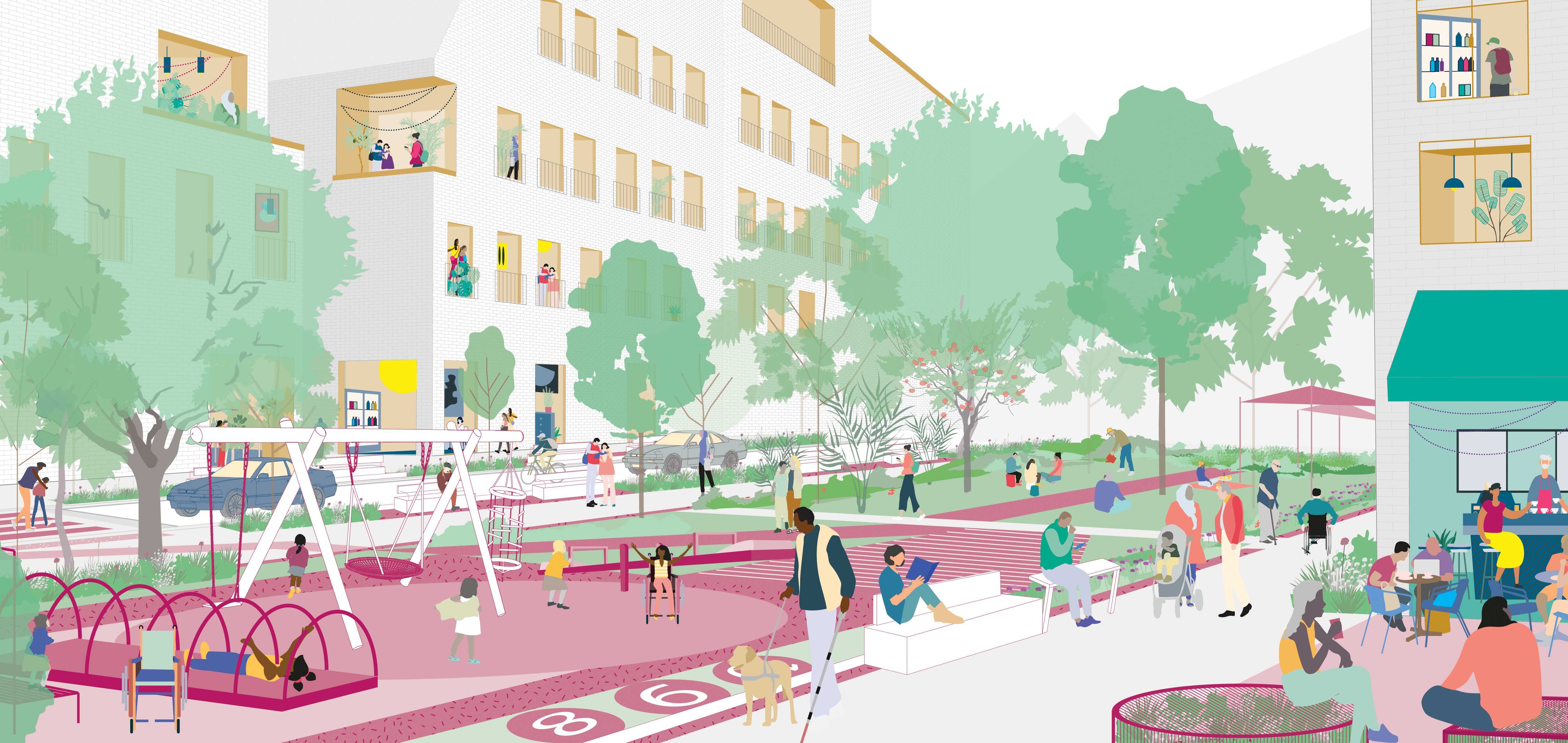An illustrated view of a play space with children playing and people sitting.