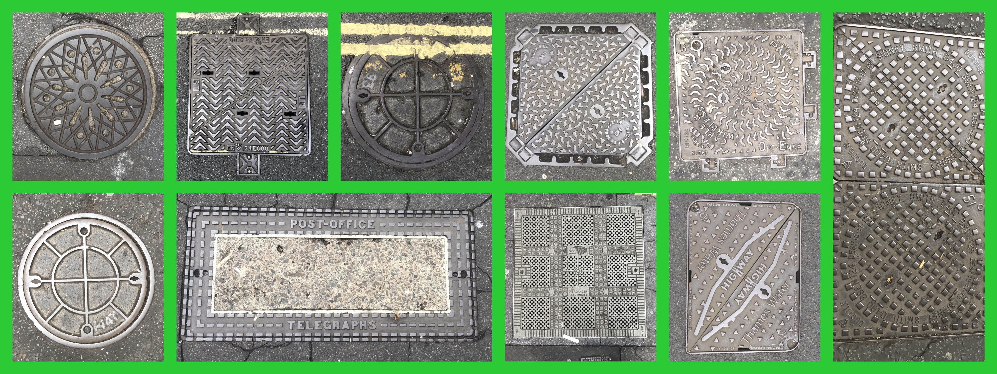 A collection of images of metal stop tap boxes on pavement floor.