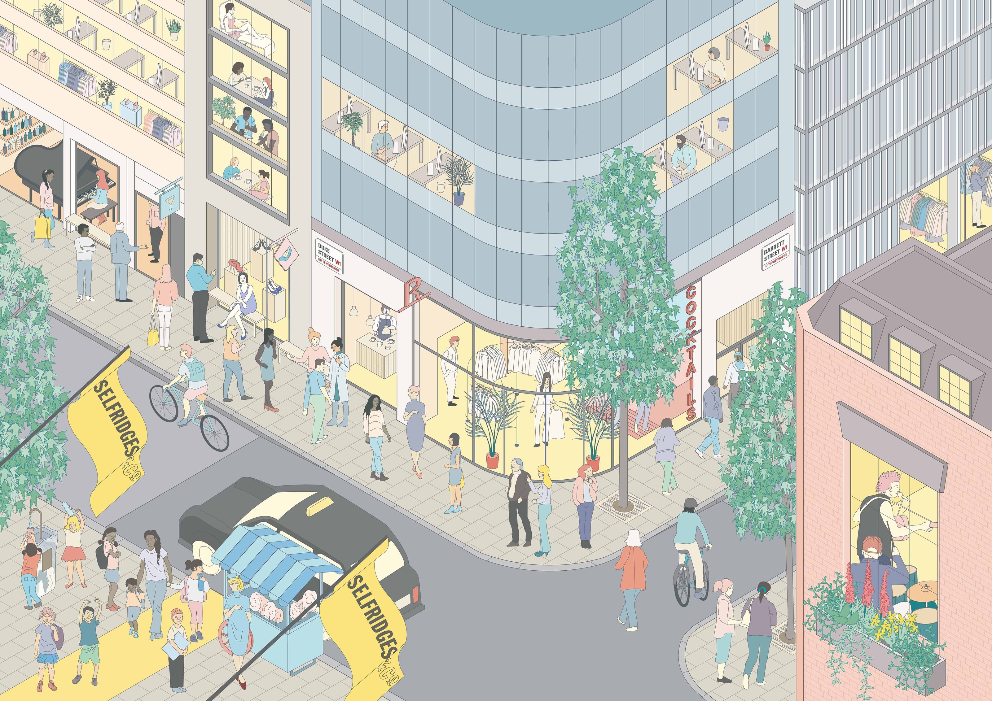 Illustrated view of a street corner opposite the entrance to Selfridges with many pedestrians, a car, open bars restaurants and shops.