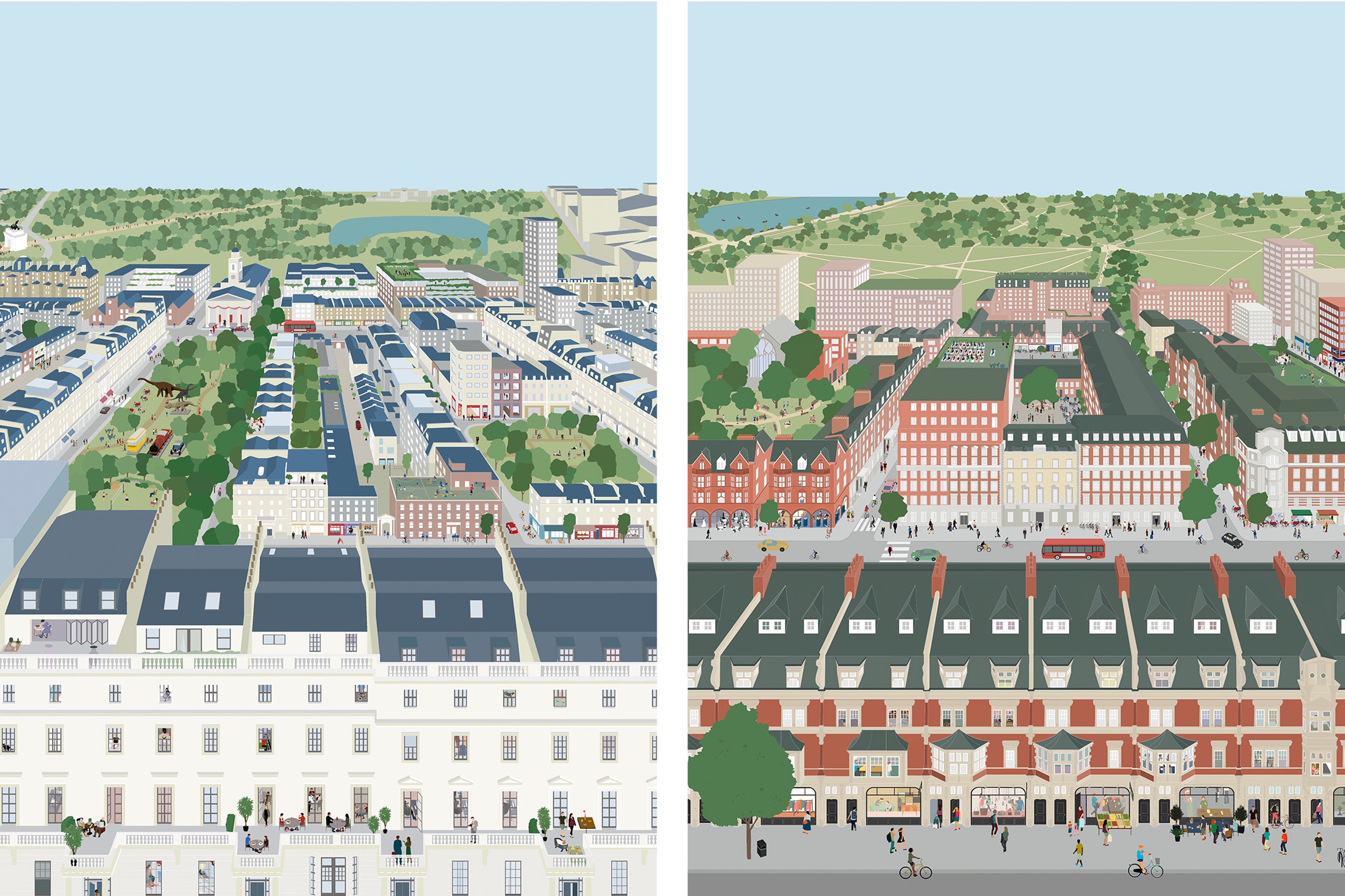 Two side-by-side illustrations of blocks in Mayfair and Belgravia.