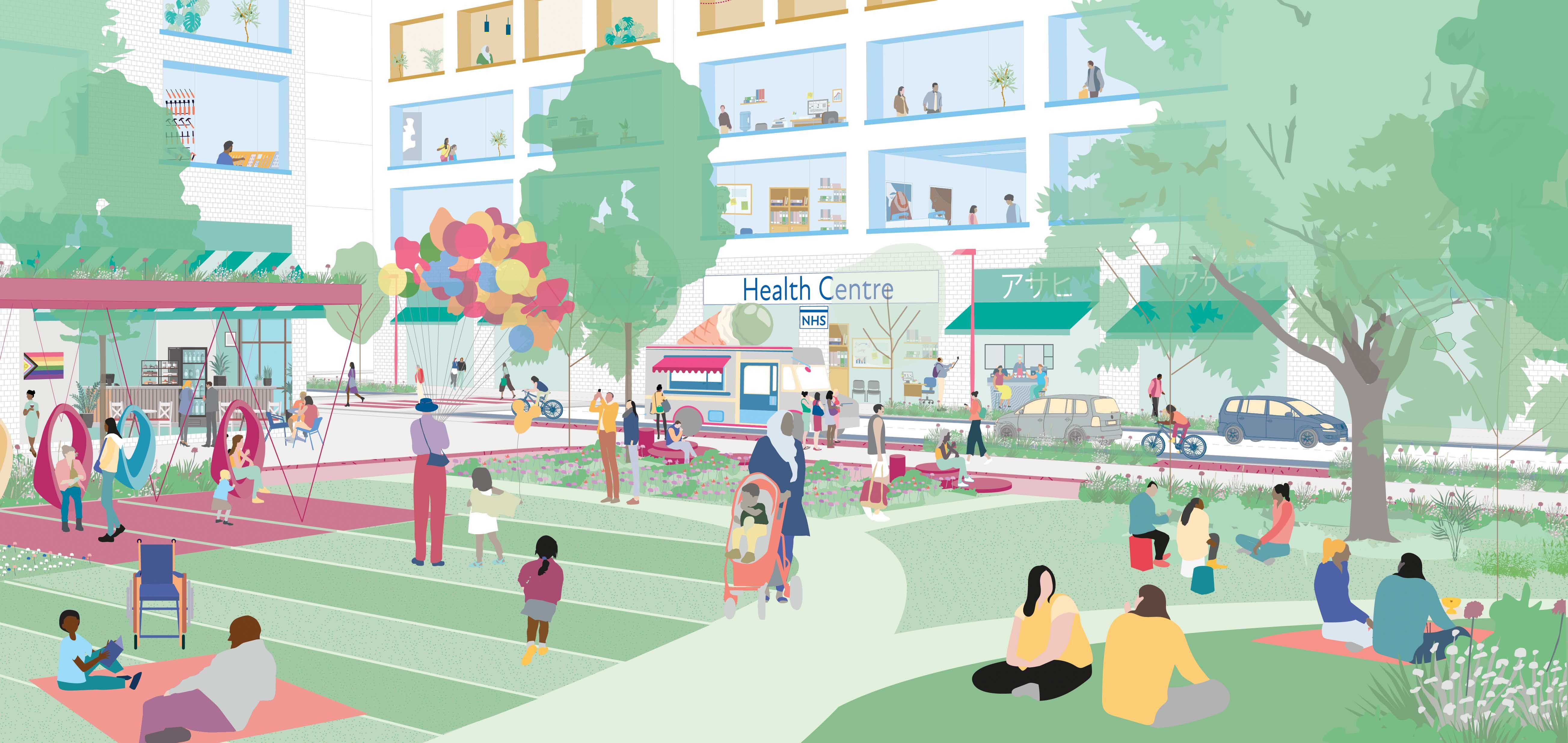 An illustrated view of a green space with play equipment and people sitting.