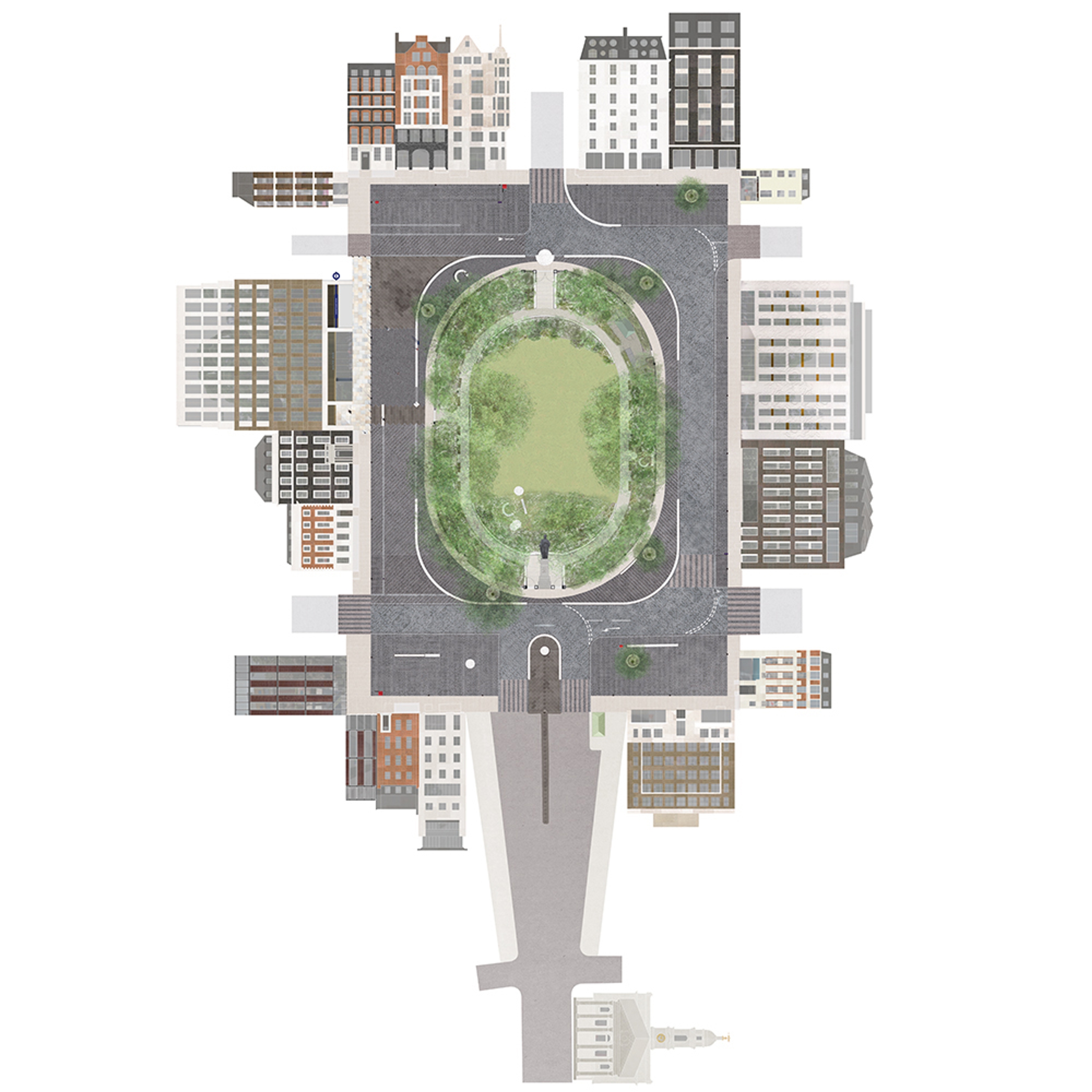 A plan view illustration of the Hanover Square vision with building façades drawn enclosing the square.