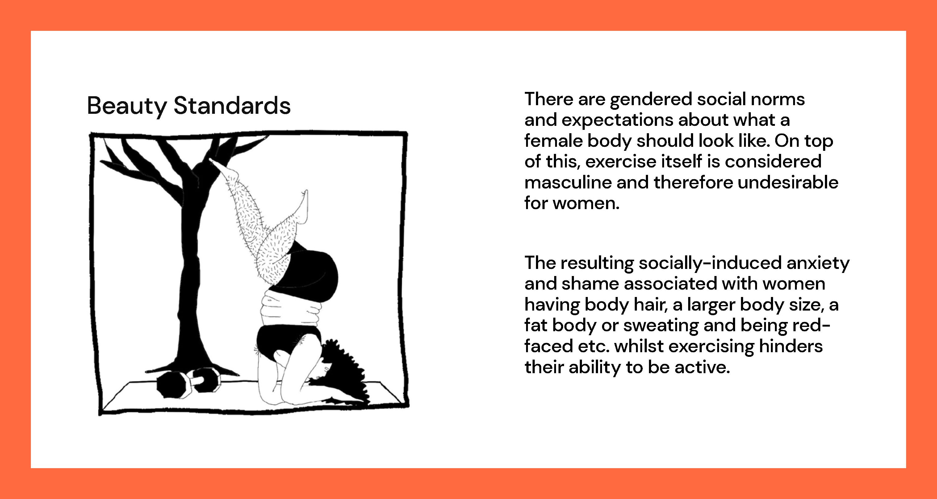 Illustration of a woman doing a headstand with some writing titled Beauty Standards.