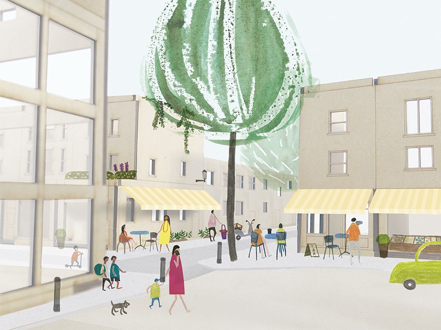Illustrated view of Draycott Avenue showing pedestrians, a car and a large tree 