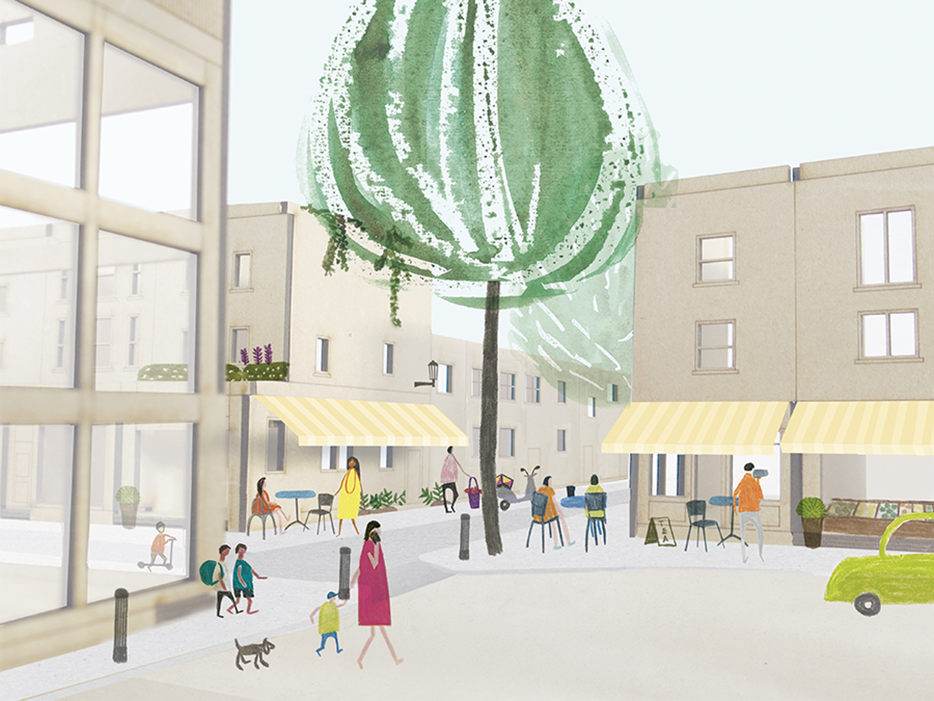 Illustrated view of Draycott Avenue showing pedestrians, a car and a large tree