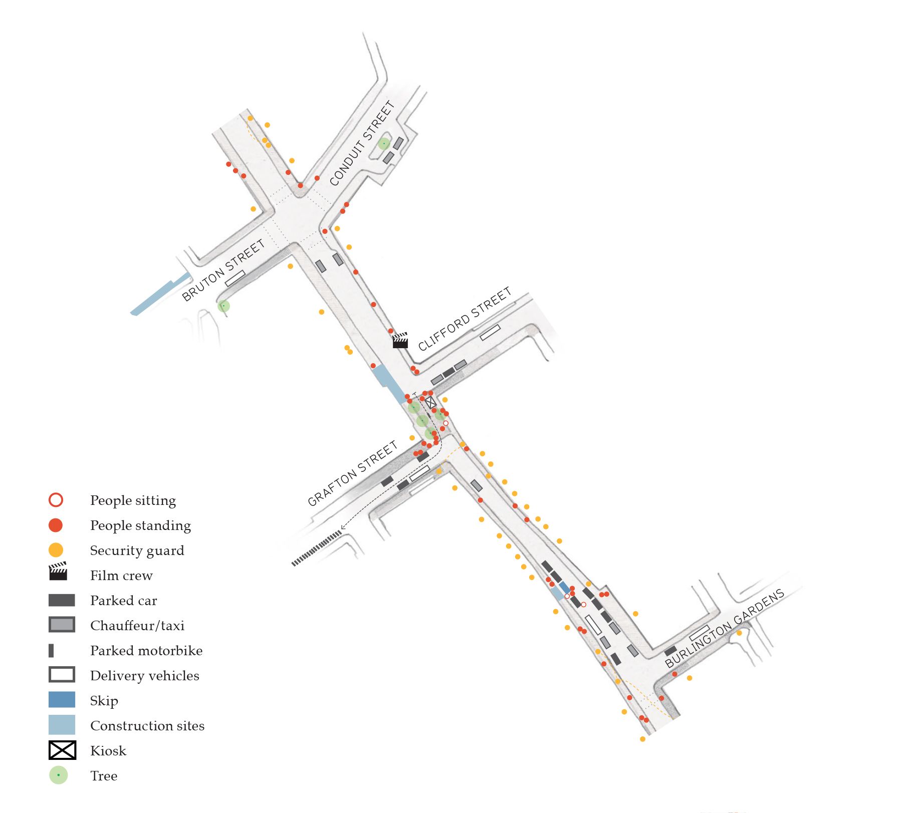 Plan view map of a section of Bond Street with street observations noted and depicted on the map, including places where people were standing and locations of parked cars. 