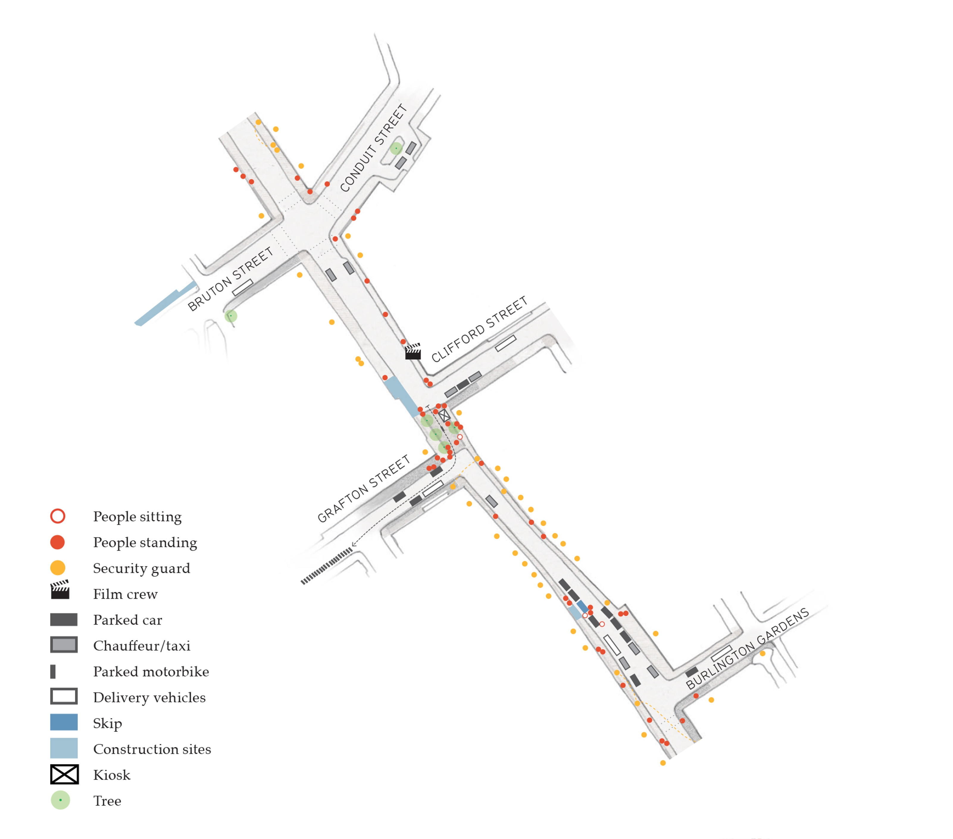 Plan view map of a section of Bond Street with street observations noted and depicted on the map, including places where people were standing and locations of parked cars.