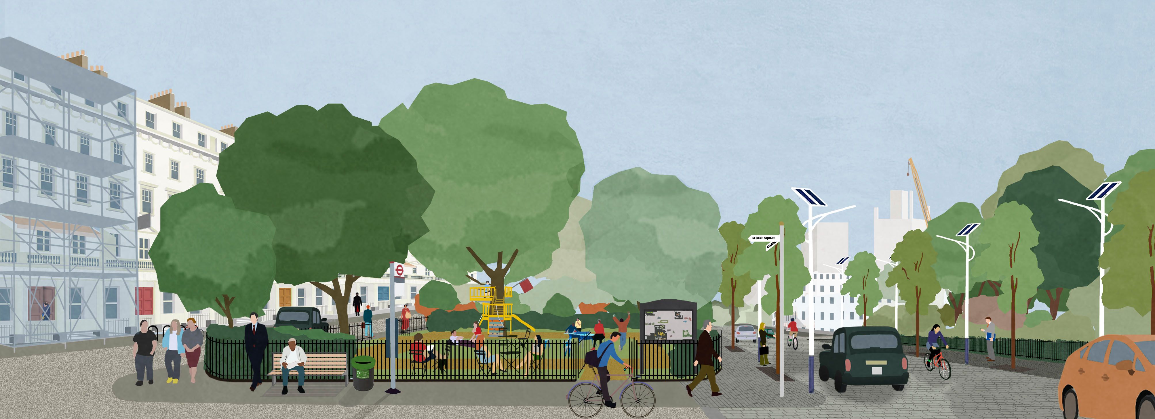 An illustrated view of a garden square detailing the fencing around the square and the street furniture around the space. 