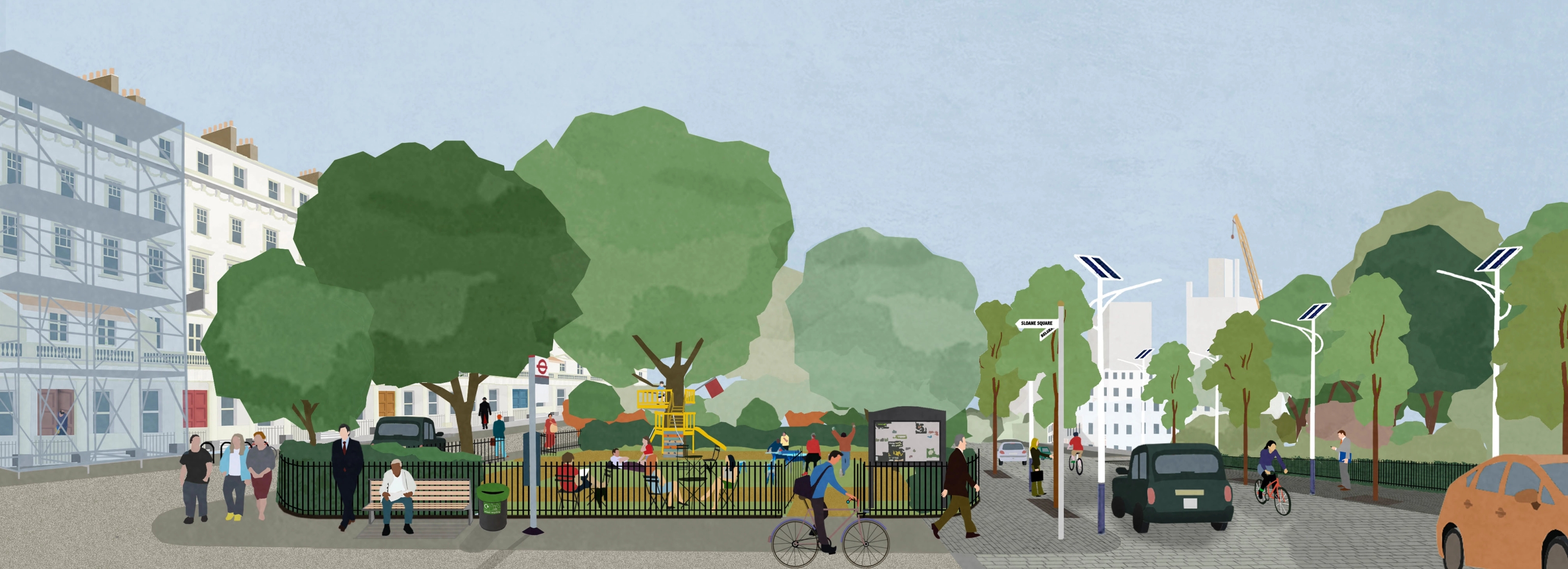 An illustrated view of a garden square detailing the fencing around the square and the street furniture around the space.