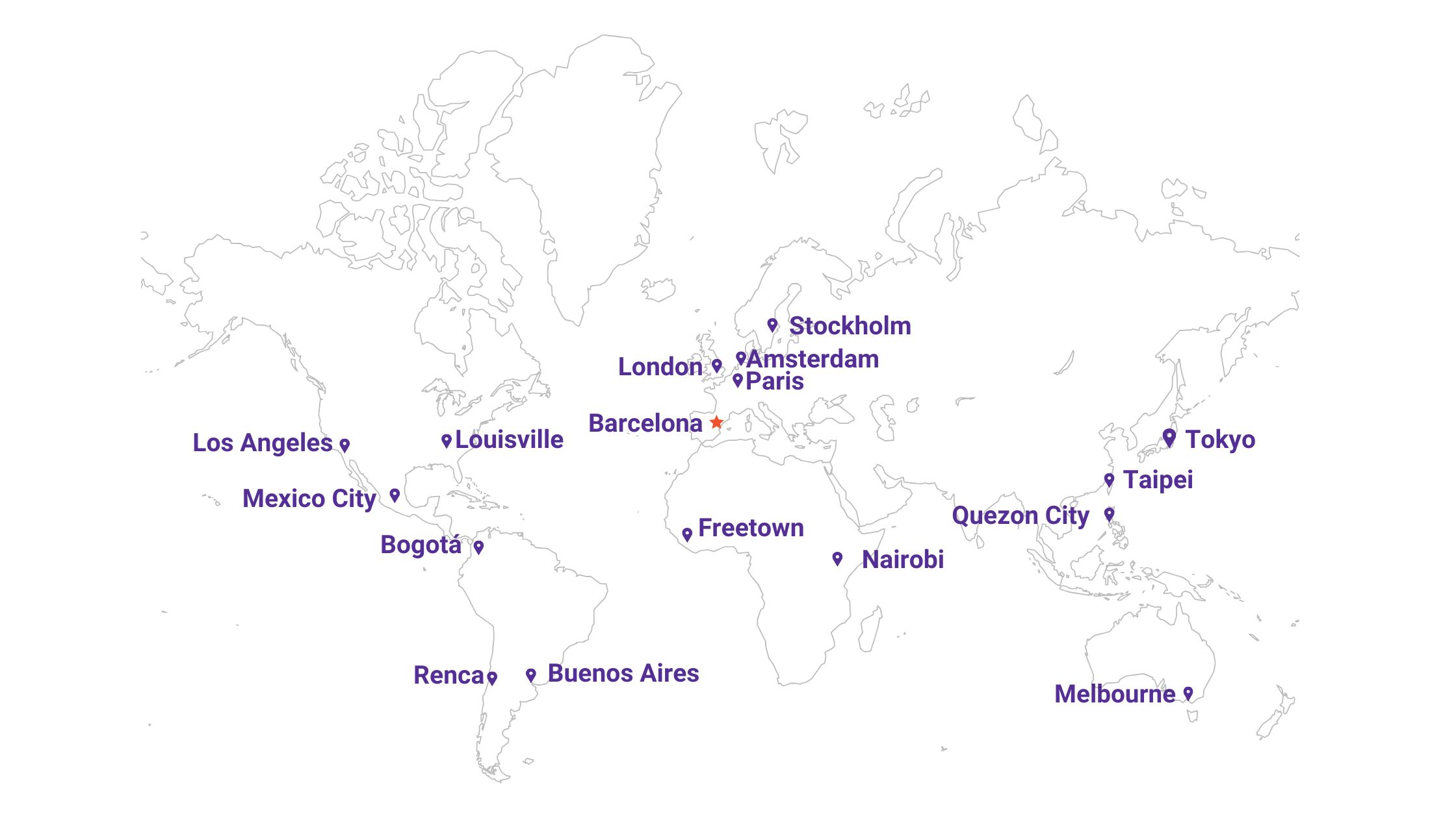 An outline map of the world with cities highlighted; Stockholm, Tokyo, Taipei, Quezon City, Melbourne, Nairobi, Freetown, Barcelona, Amsterdam, Paris, London, Buenos Aires, Renca, Lousiville, Mexico City, Los Angeles and Bogotá.