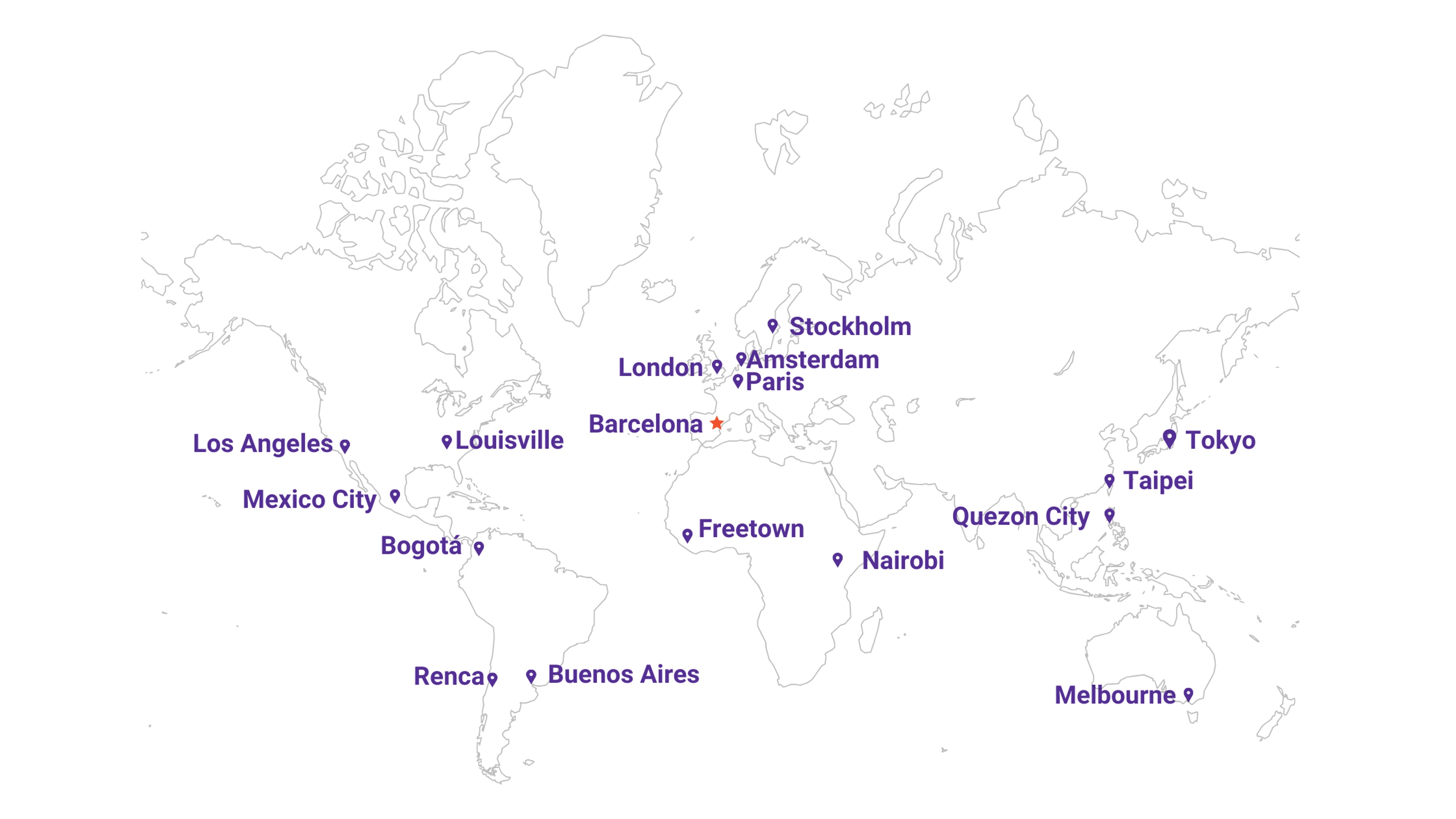 An outline map of the world with cities highlighted; Stockholm, Tokyo, Taipei, Quezon City, Melbourne, Nairobi, Freetown, Barcelona, Amsterdam, Paris, London, Buenos Aires, Renca, Lousiville, Mexico City, Los Angeles and Bogotá.