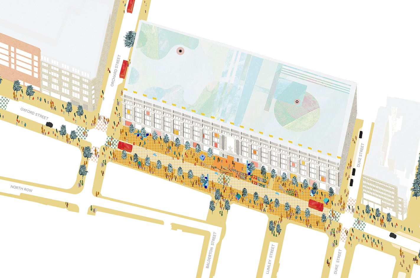 Illustrated plan of the Oxford Street District with streets and public spaces drawn in yellow for emphasis and the façades of buildings visible. 