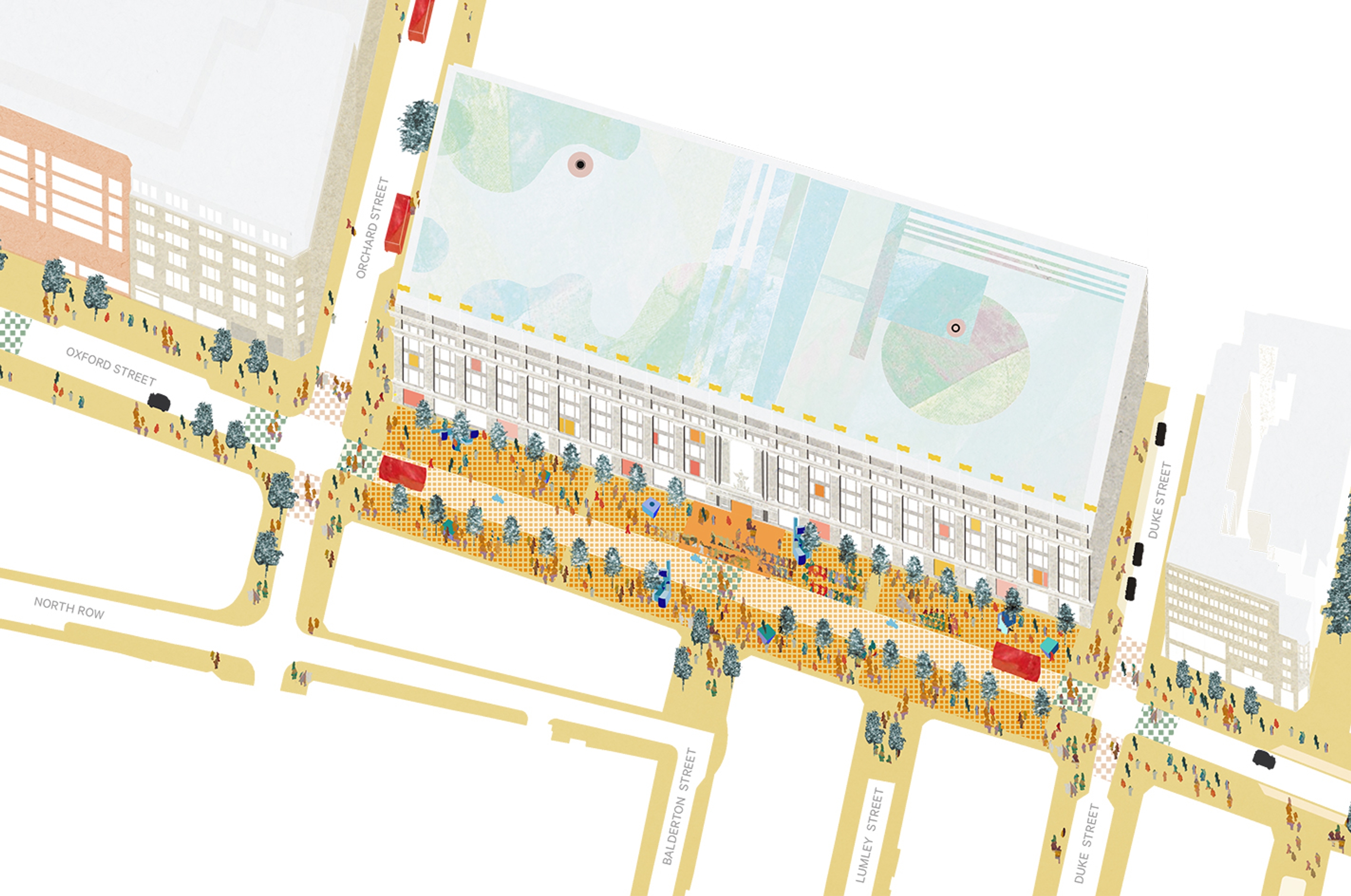 Illustrated plan of the Oxford Street District with streets and public spaces drawn in yellow for emphasis and the façades of buildings visible.