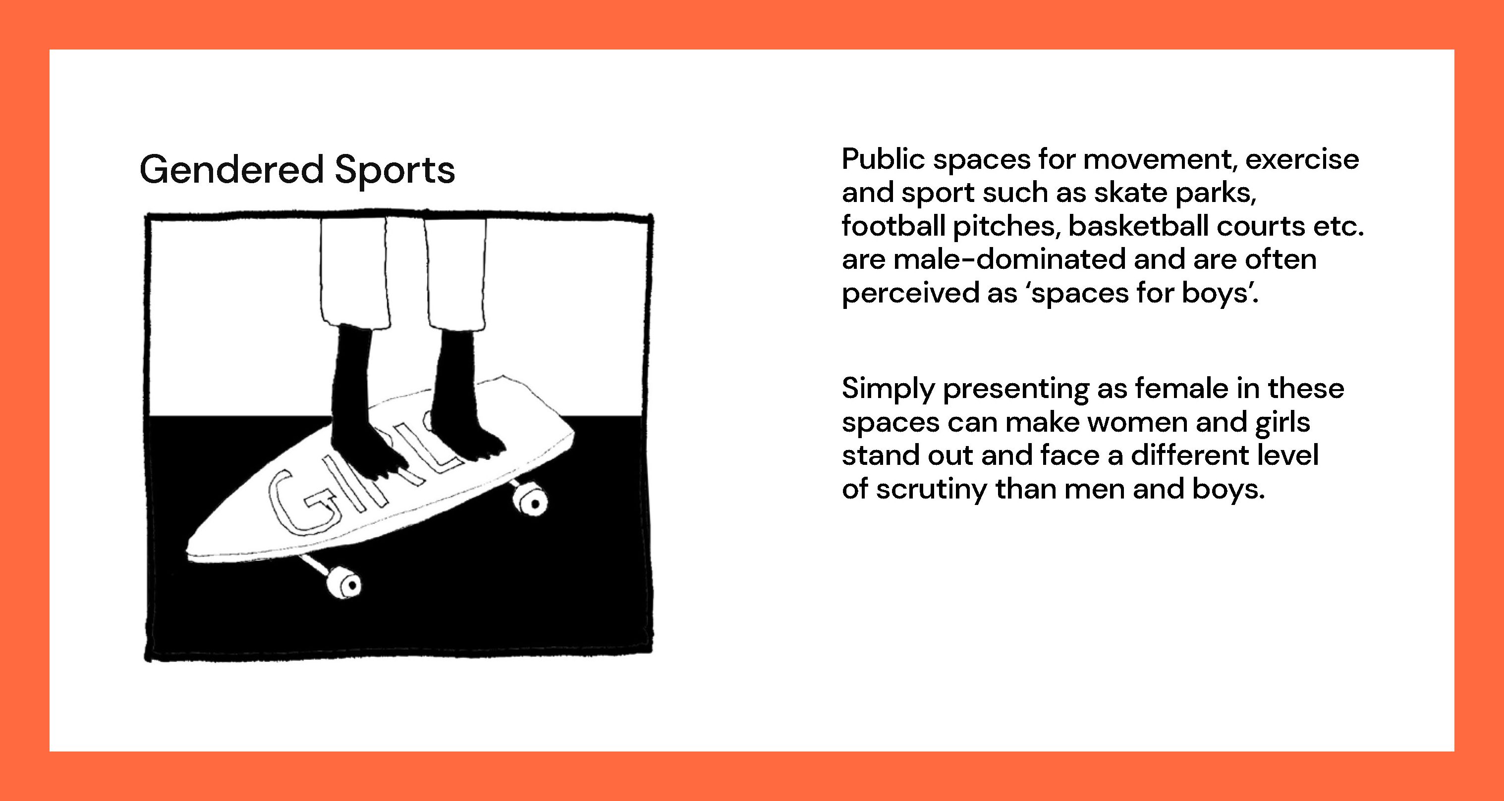 Illustration of some feet on a skateboard with some writing titled Gendered Sports.