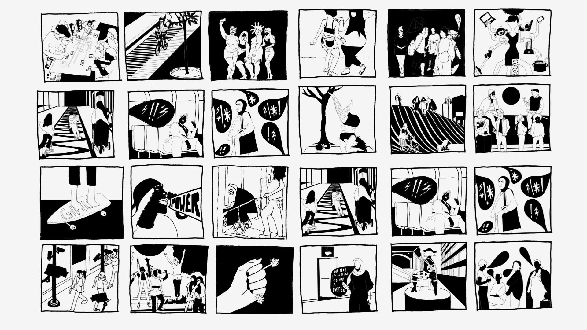 A series of 24 small drawings set within square frames illustrating a range of key ideas and themes relating to gender inclusion in public space.