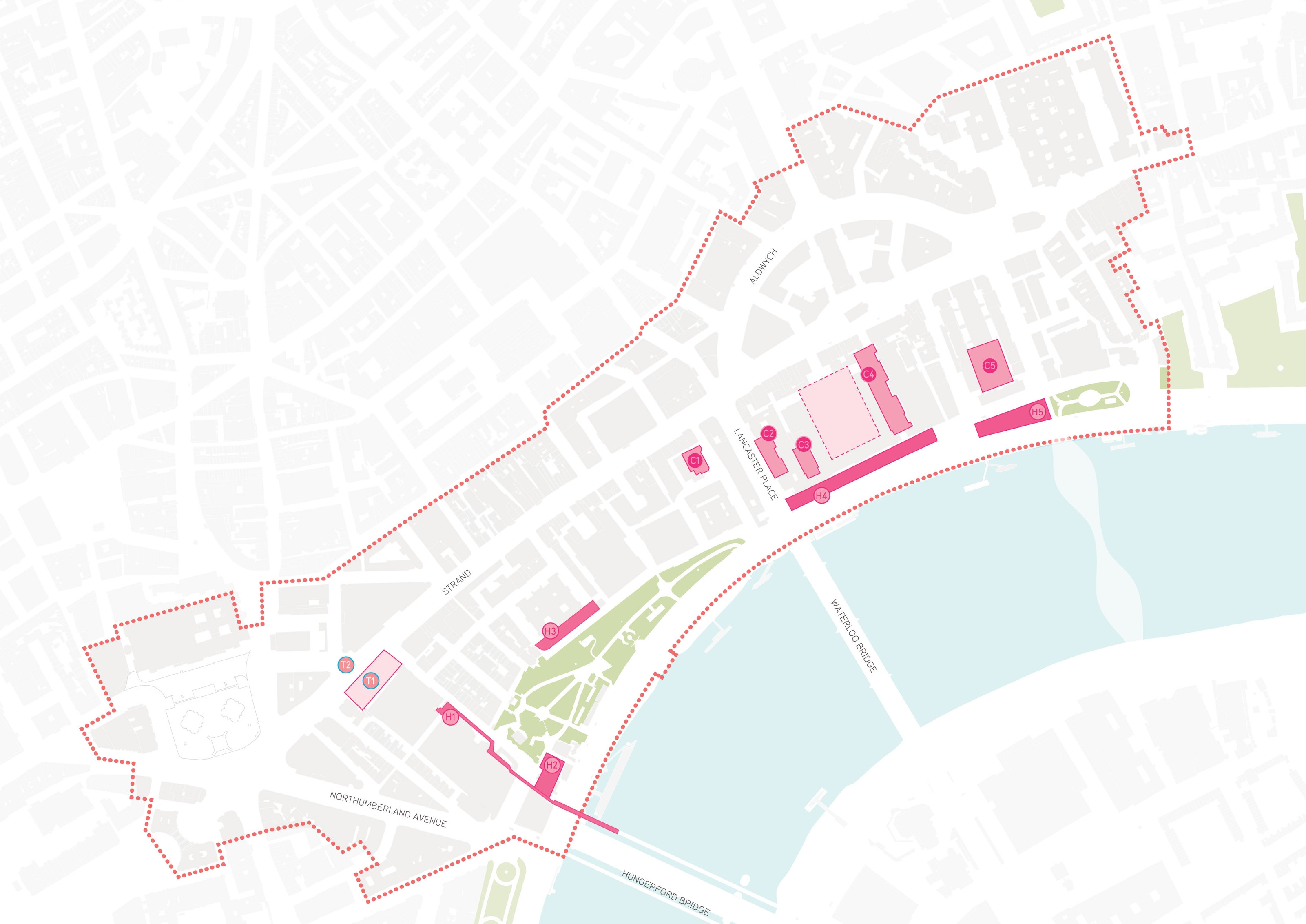 Map diagram of northbank area showing courtyards and high level space.