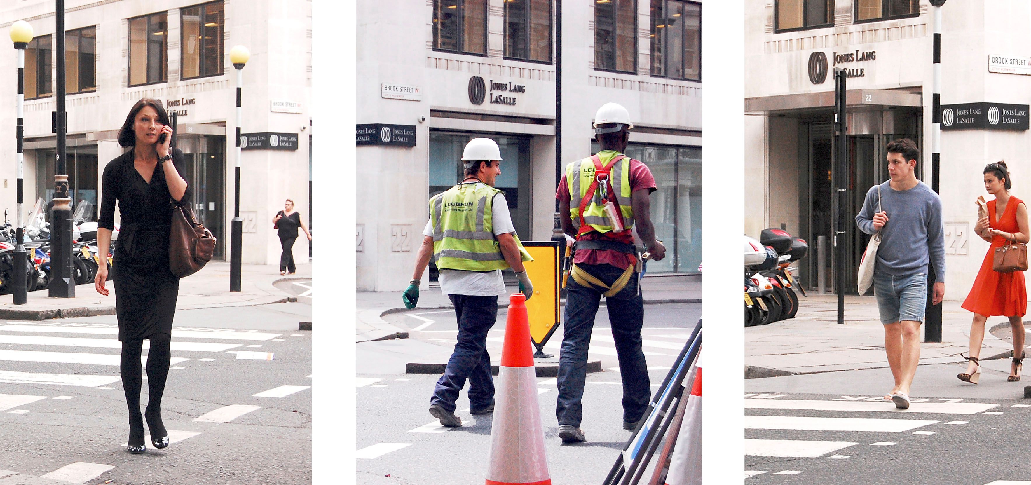 A series of three photographs taken at a pedestrian crossing showing pedestrians crossing the street.