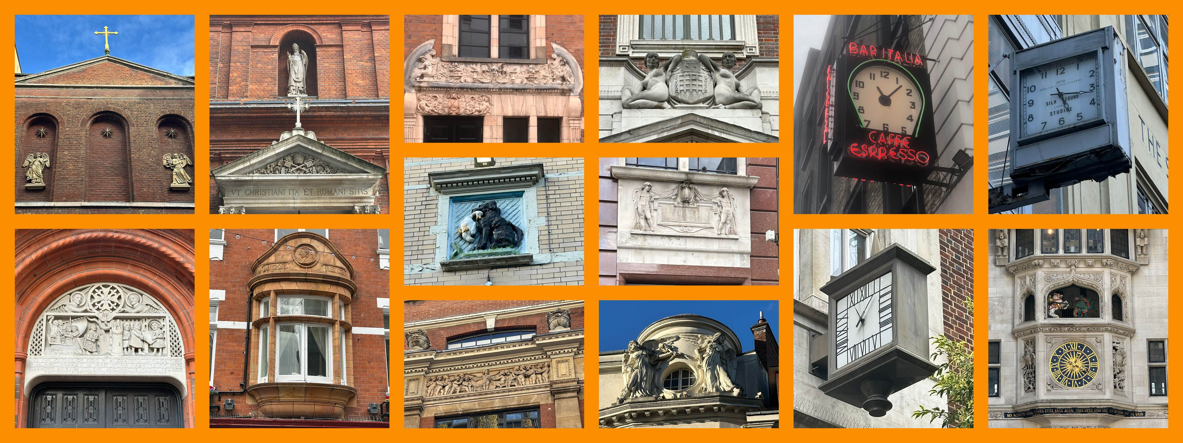 Collection of photos of the external details of buildings including clocks and statues.