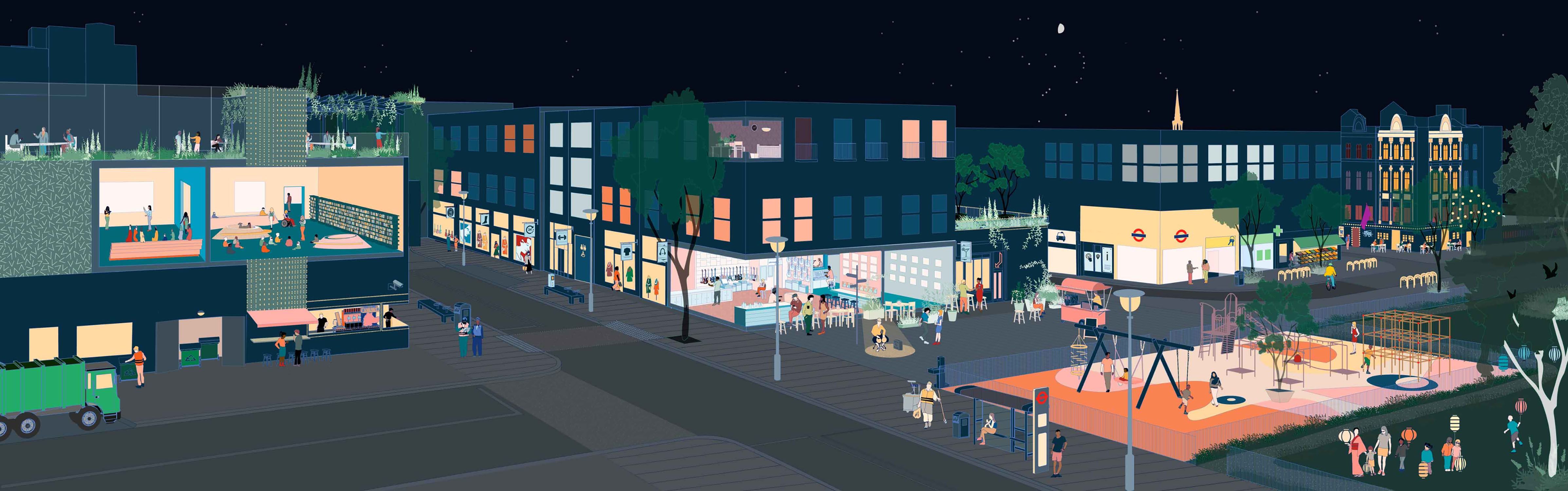 An illustrated view of a London block at night with a playground, Underground station and activity in buildings on ground floors and upper levels. 
