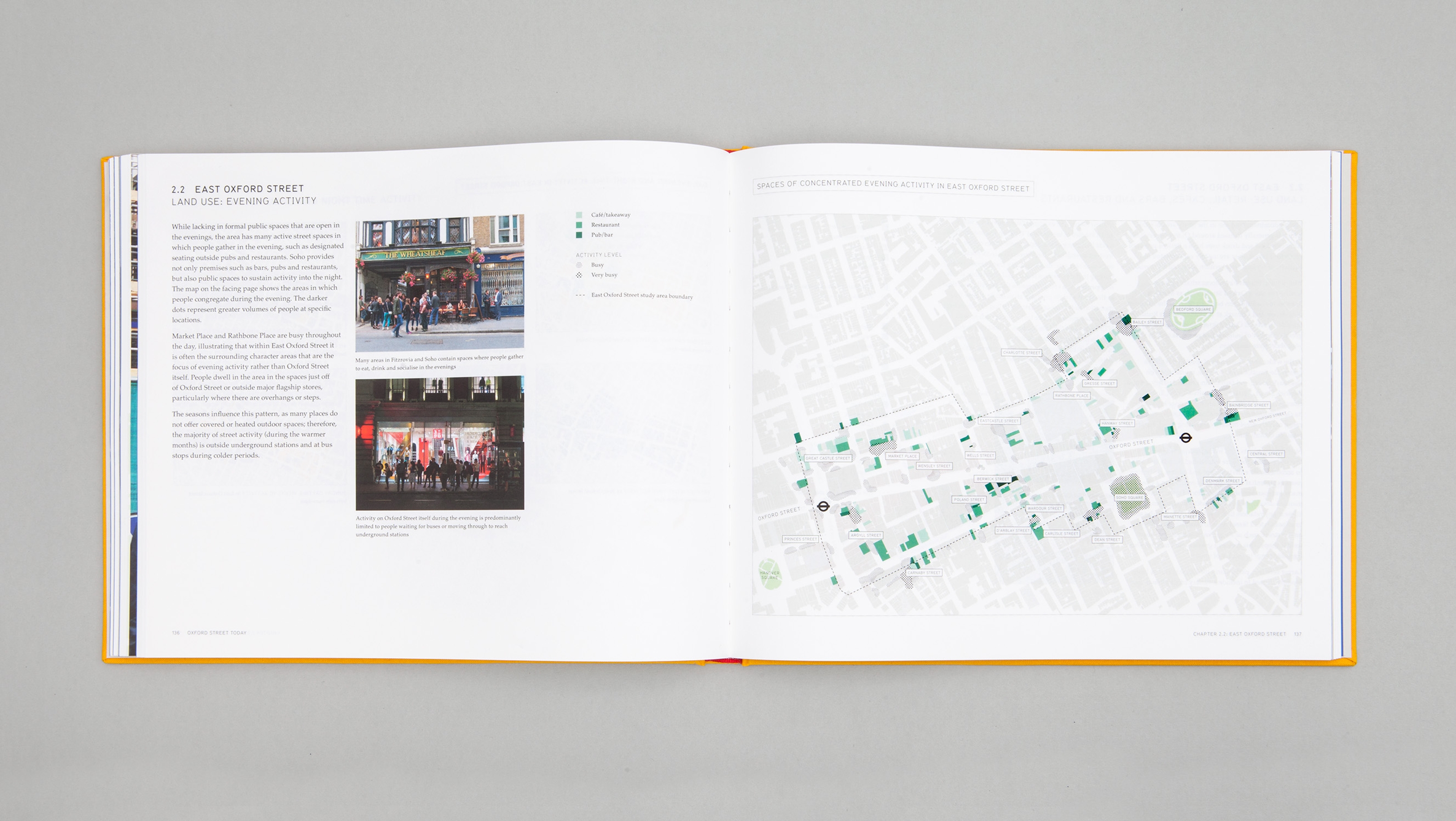 Flat lay photograph displaying the inside of a report titled "Oxford Street Today: The current context of the Oxford Street area."